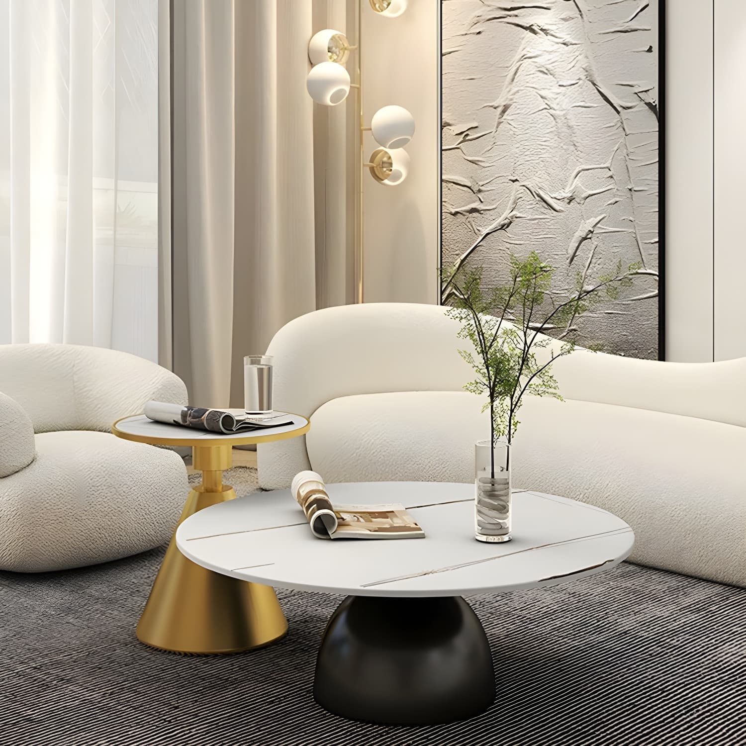 Round Stone Glam Coffee Table with Pedestal Iron Base and Built-in Storage thumbnail 17