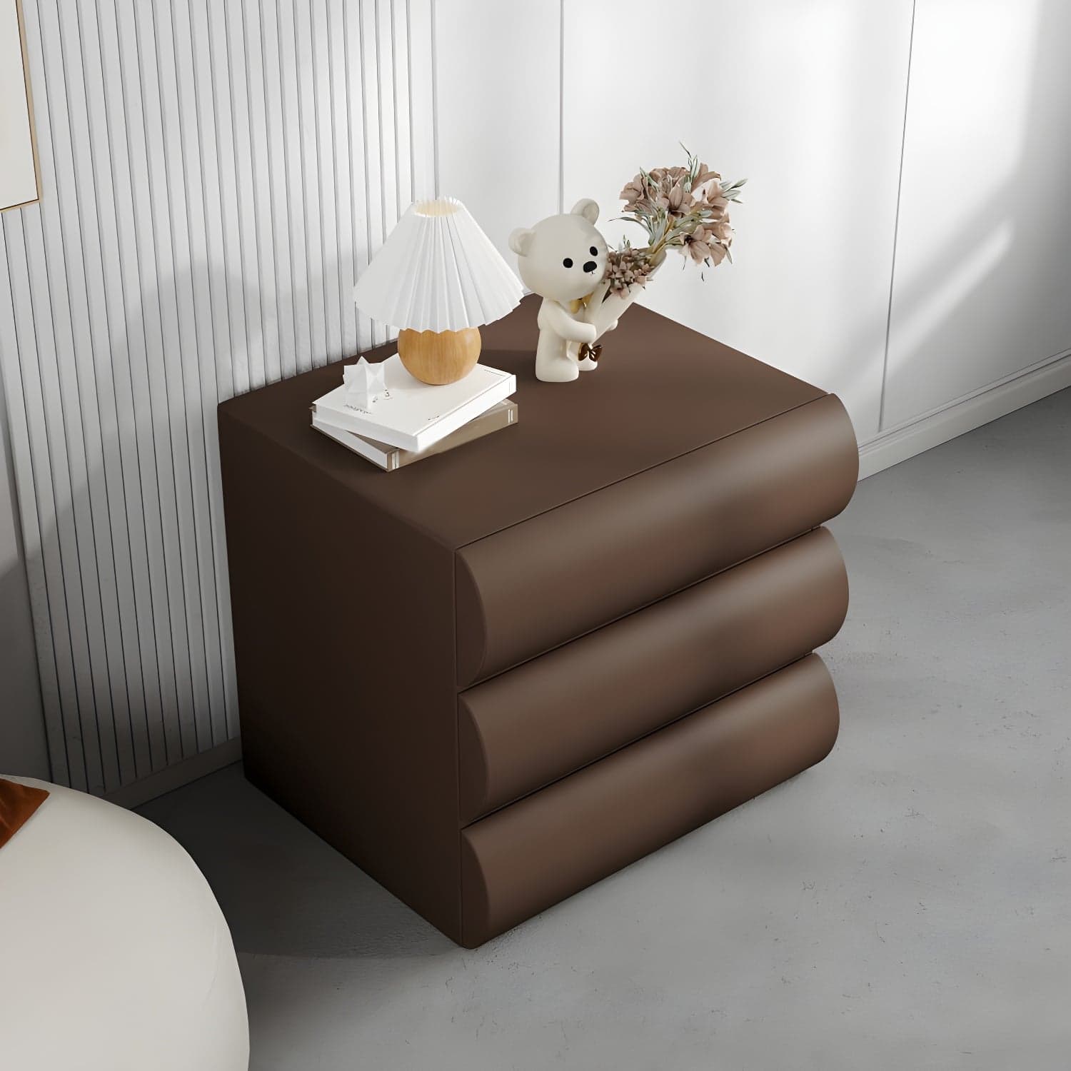 Modern Wood Nightstand with Drawer Storage in Faux Leather - Small Size thumbnail 1