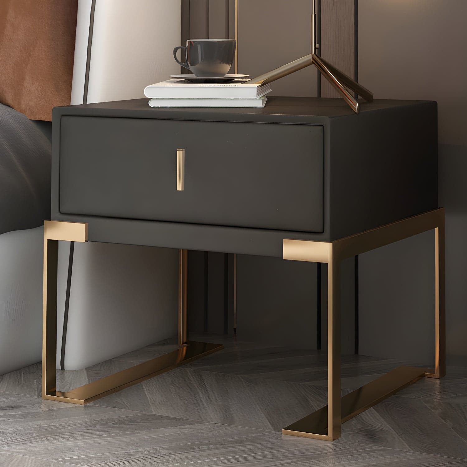 Faux Leather Nightstand 1-Drawer 21 Inch Tall Modern Legs Included Night Table thumbnail 3