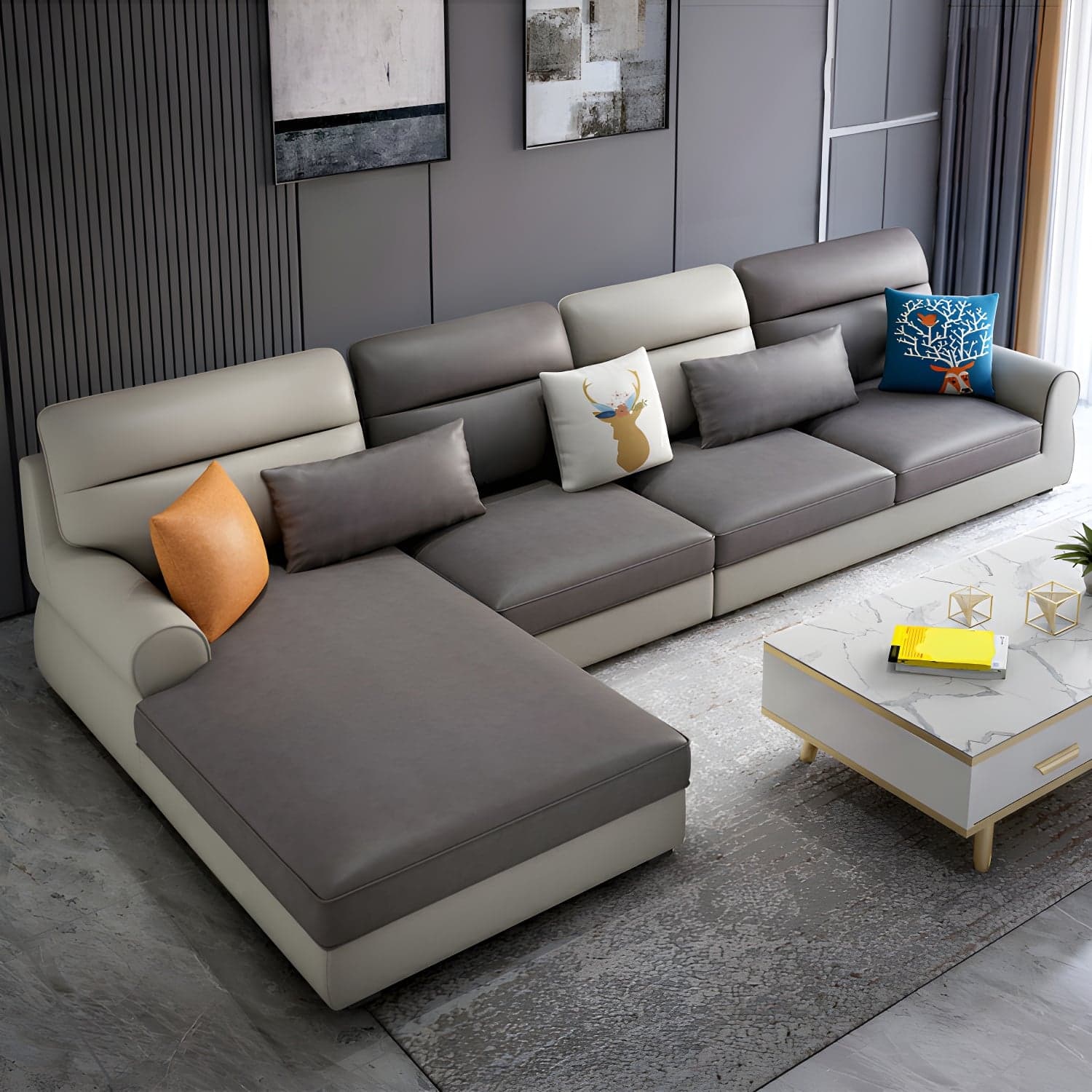 Large Modern L-Shape Stationary Wood Sectional Sofa with Round Arm and Cushion Back thumbnail 1