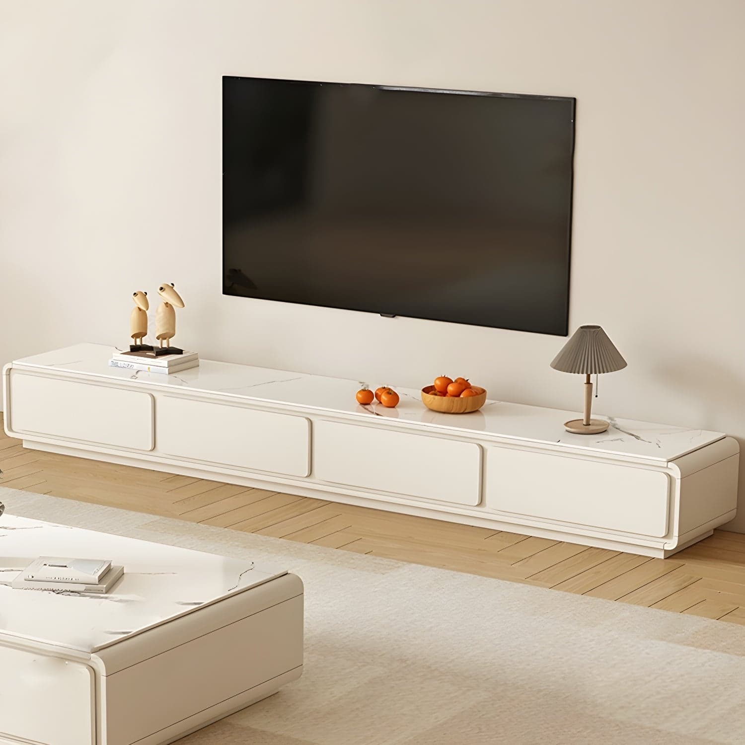 Beige Modern TV Stand with Soft Close Drawers - Cable Management - No Assembly Required thumbnail 4