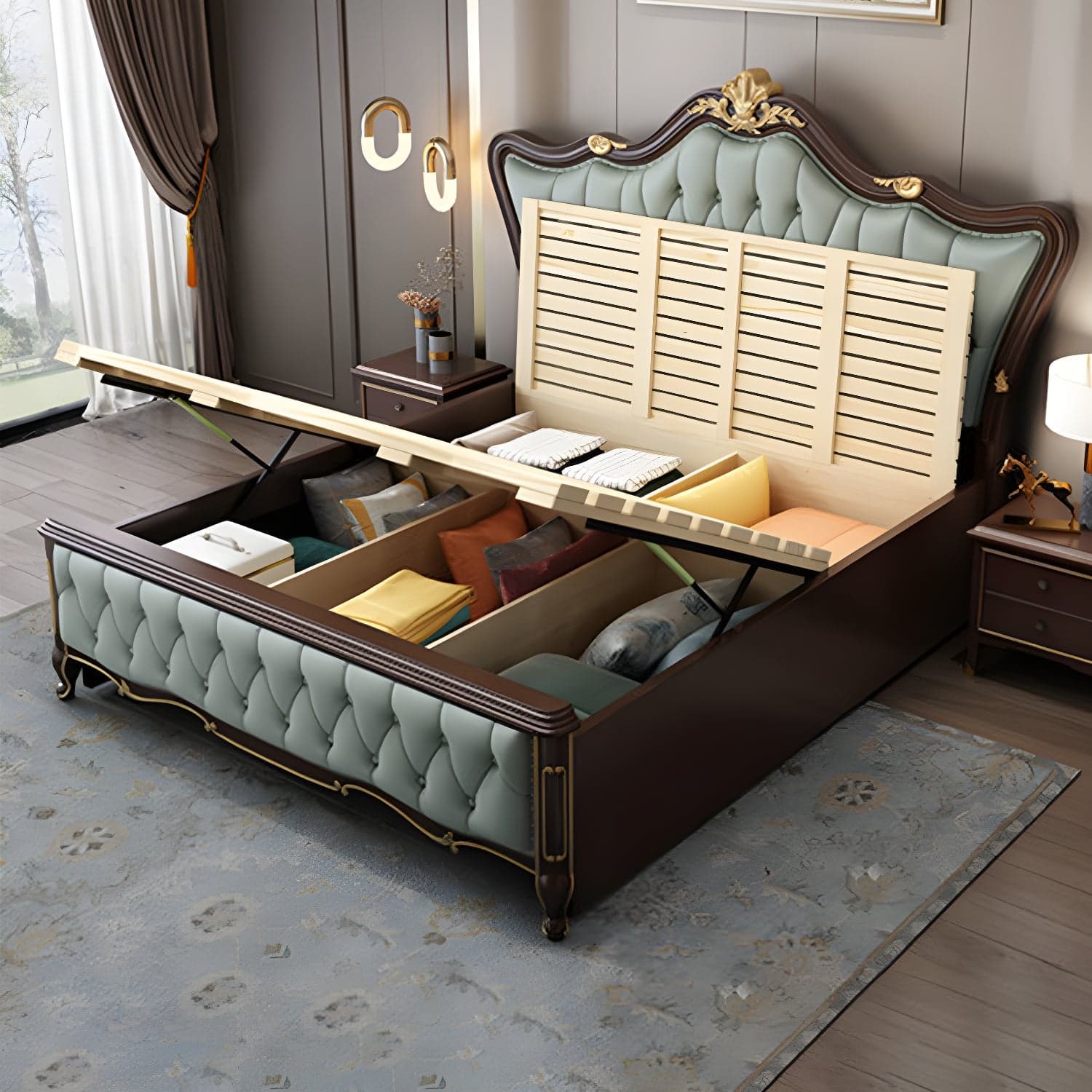 84.65 inch Wide Glam Bed Frame Rubberwood Solid Color Standard Bed with Headboard thumbnail 6
