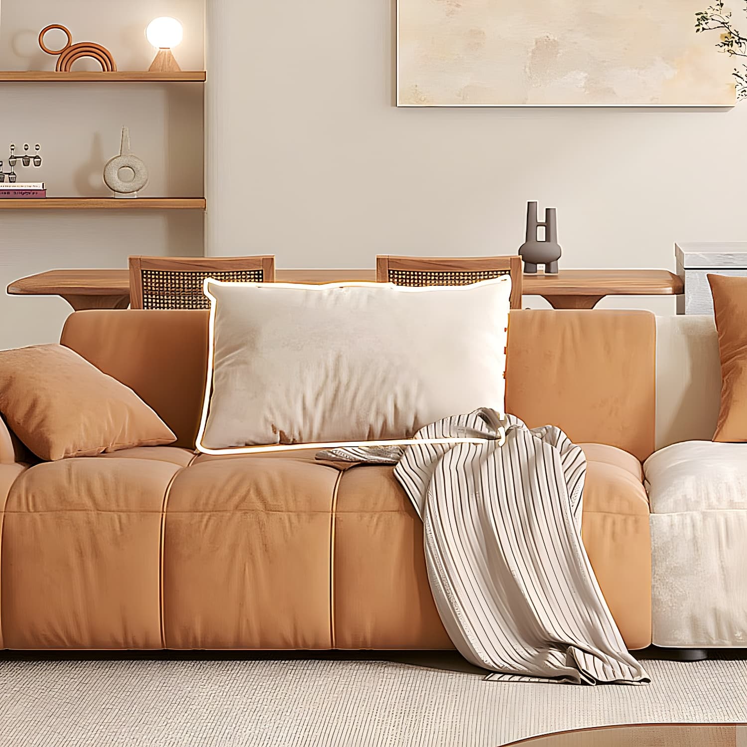 Velvet Round Arm Sectionals 24.8"High Tight Back Sofa with 4 Pillows thumbnail 7