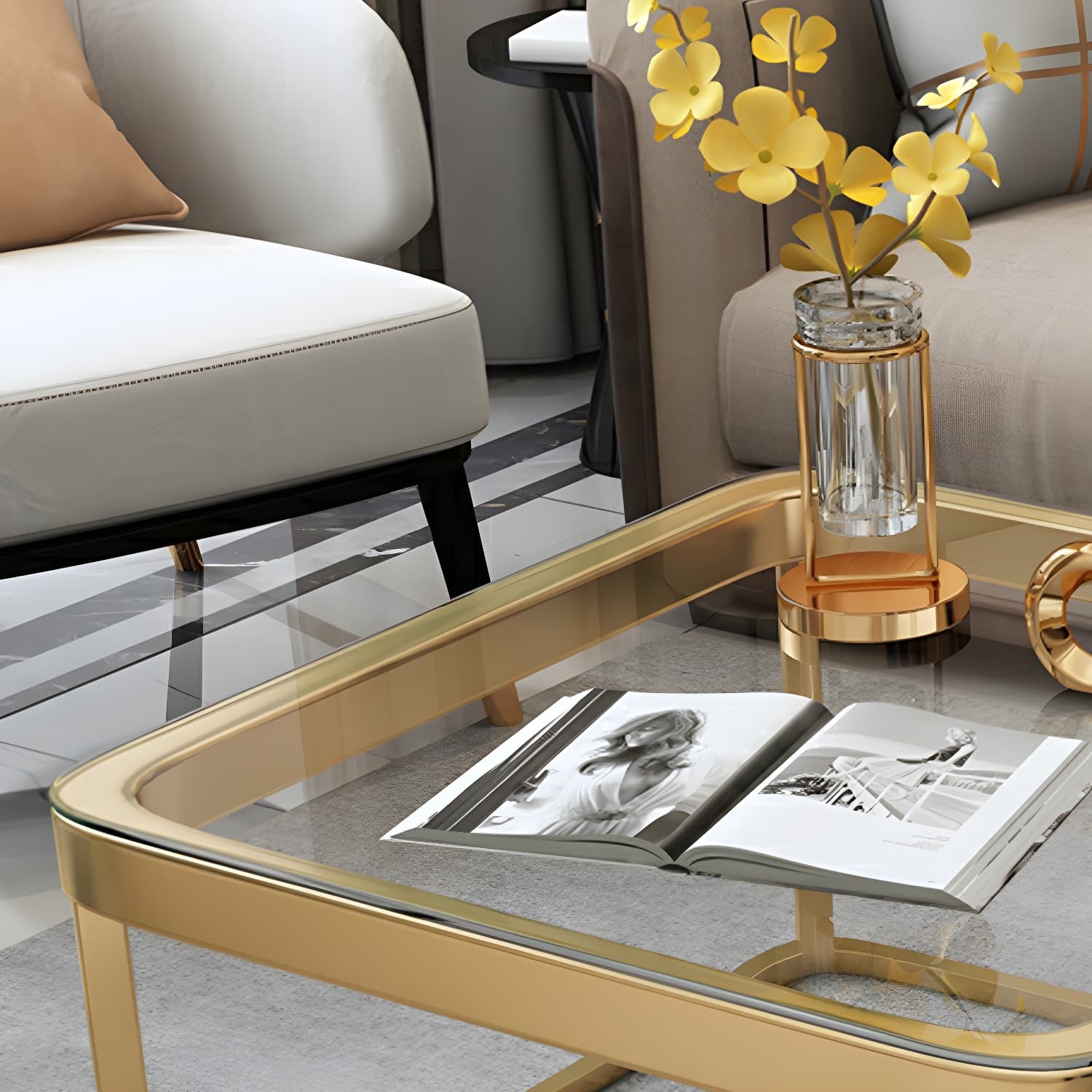 Glam Style Square Coffee Table with Drawer in Metal Frame Base thumbnail 9