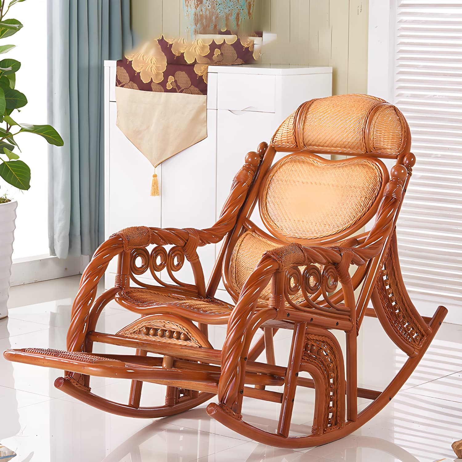 Traditional Spindle Rocking Accent Chair Tobacco Finish Rocker Chair Reclining thumbnail 6
