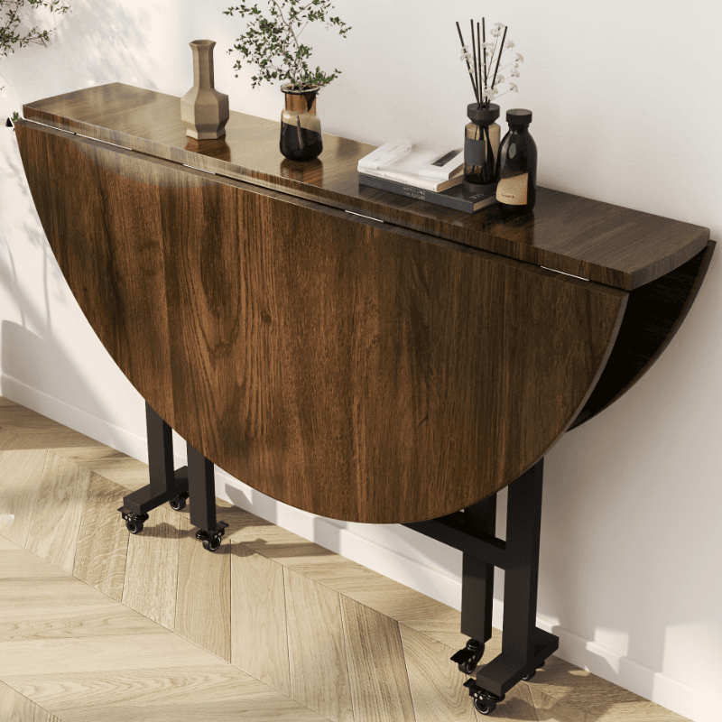 Simple Circular Weathered Wood Dining Table with MDF Top and Extendable Leaf Mechanism thumbnail 2