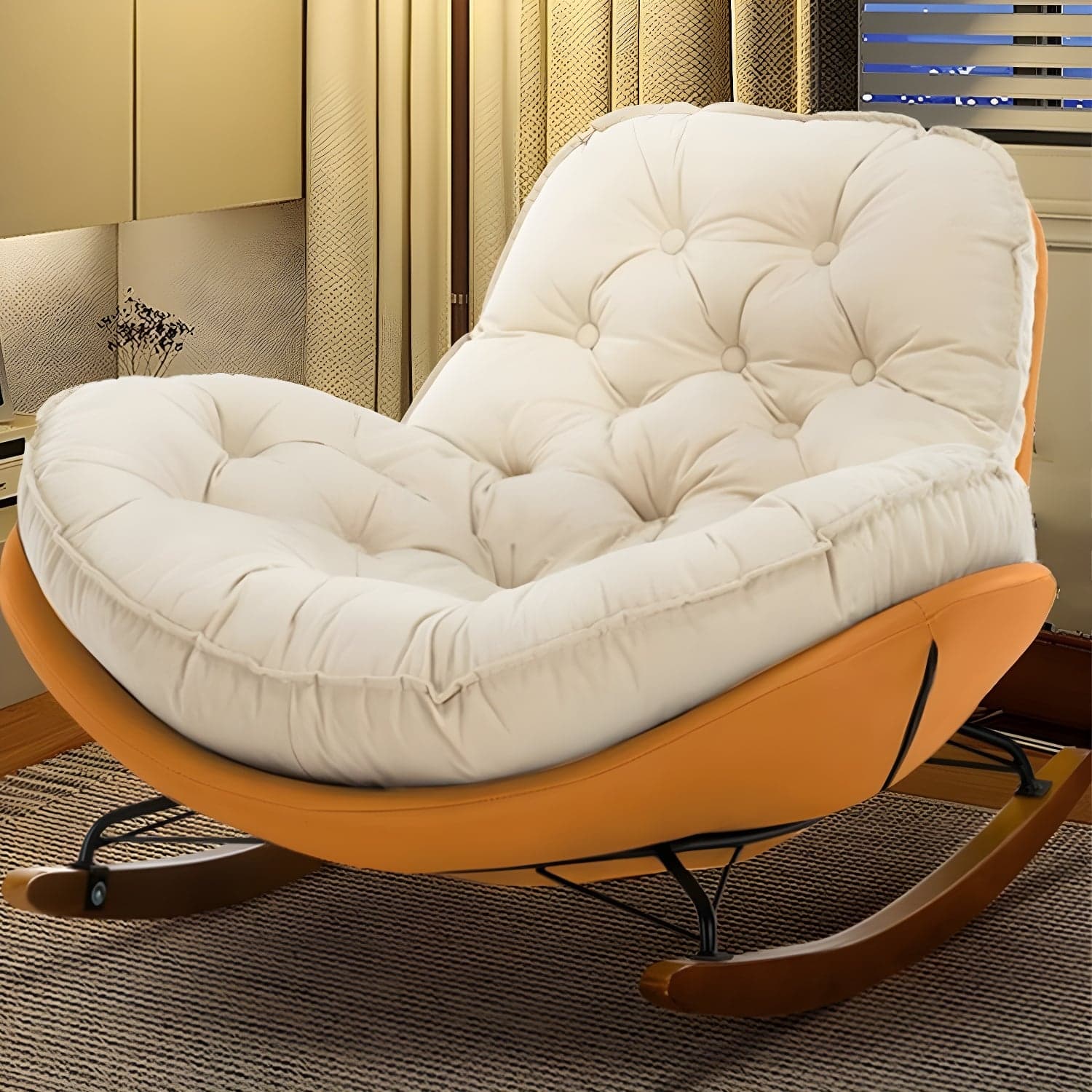 Modern Upholstered Rocking Chair - Stylish Indoor Seating with Natural Wood Legs and Tufted Design - image 5