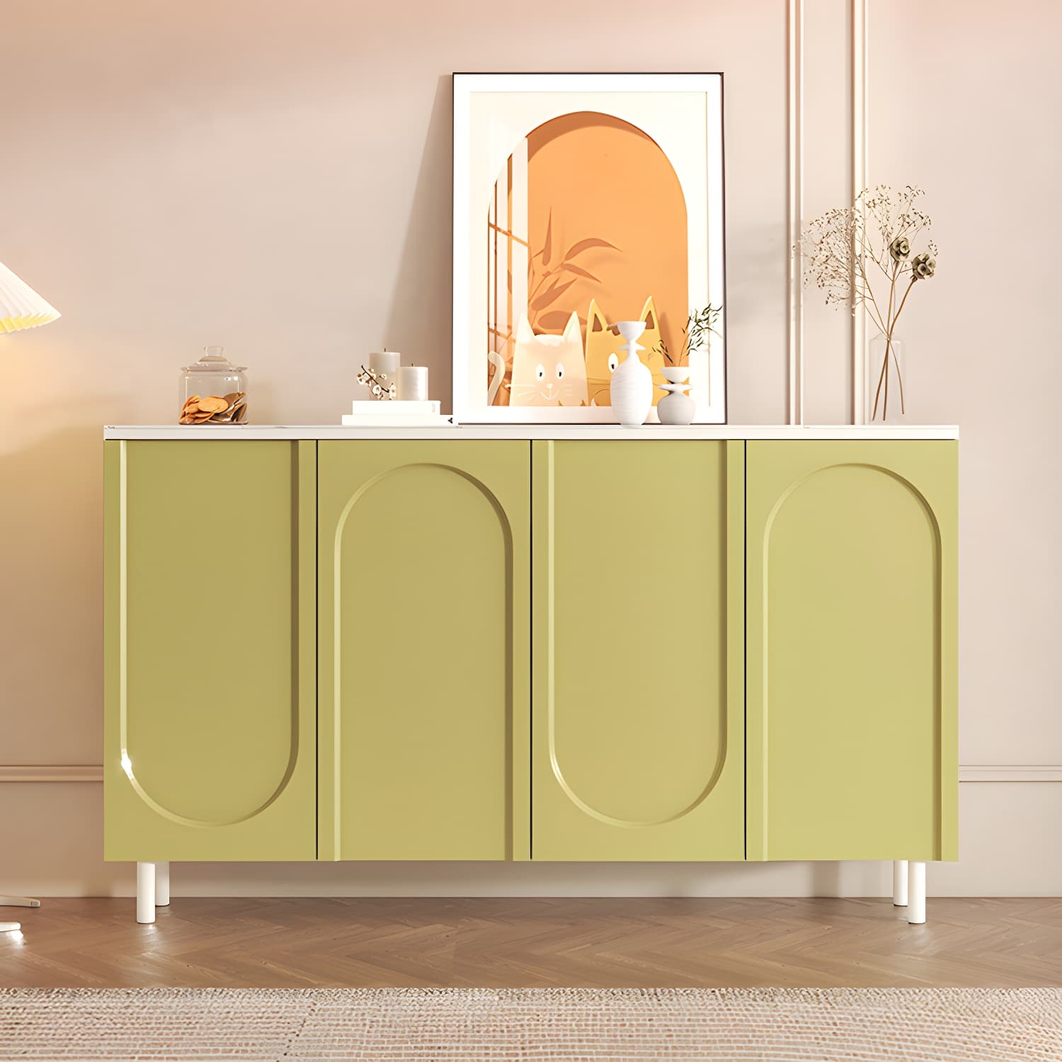 Scandinavian Wood Buffet Sideboard with Stone Countertop and Adjustable Shelves thumbnail 7
