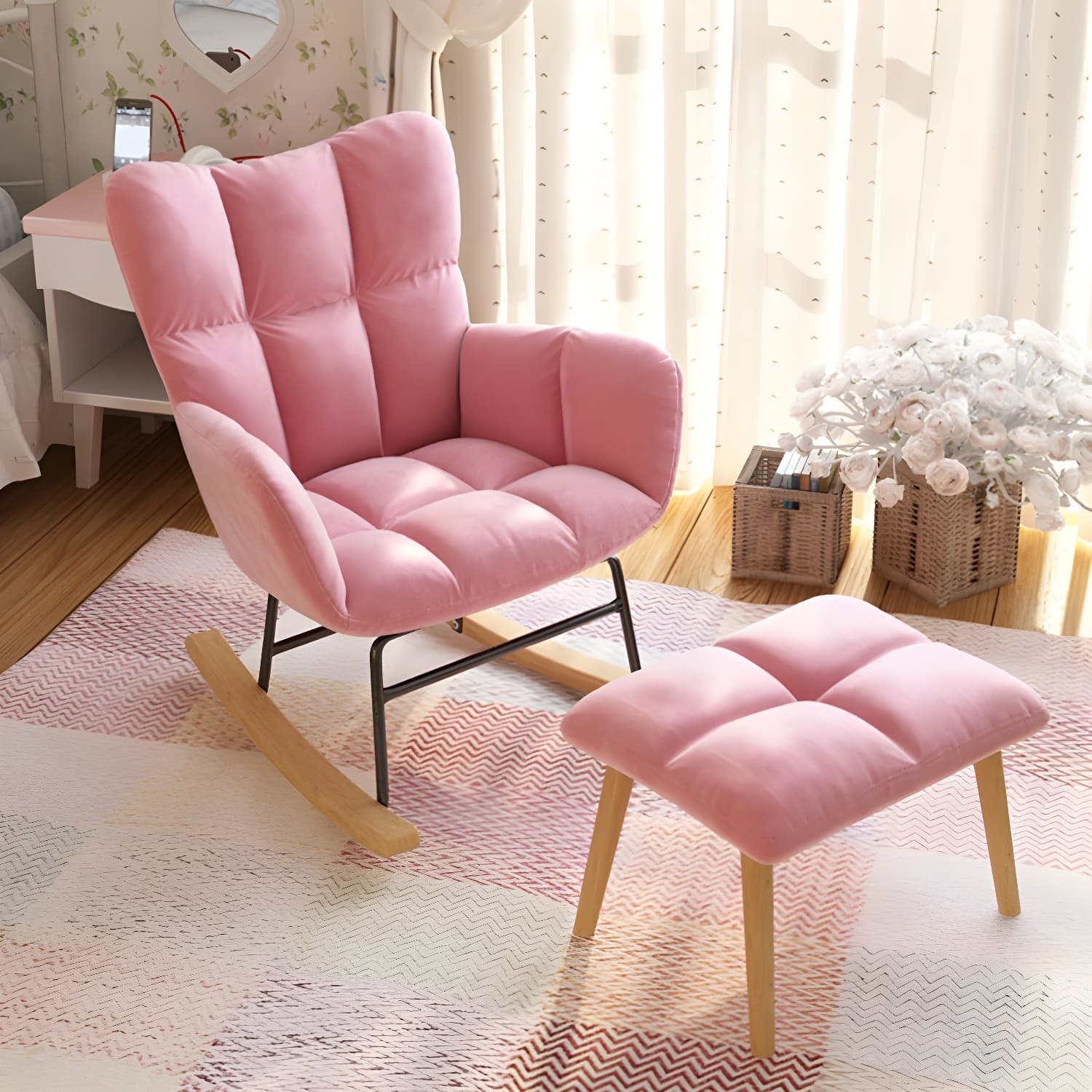 Modern Rocker Chair Upholstered Dark Legs Glider Button-Tufted thumbnail 24