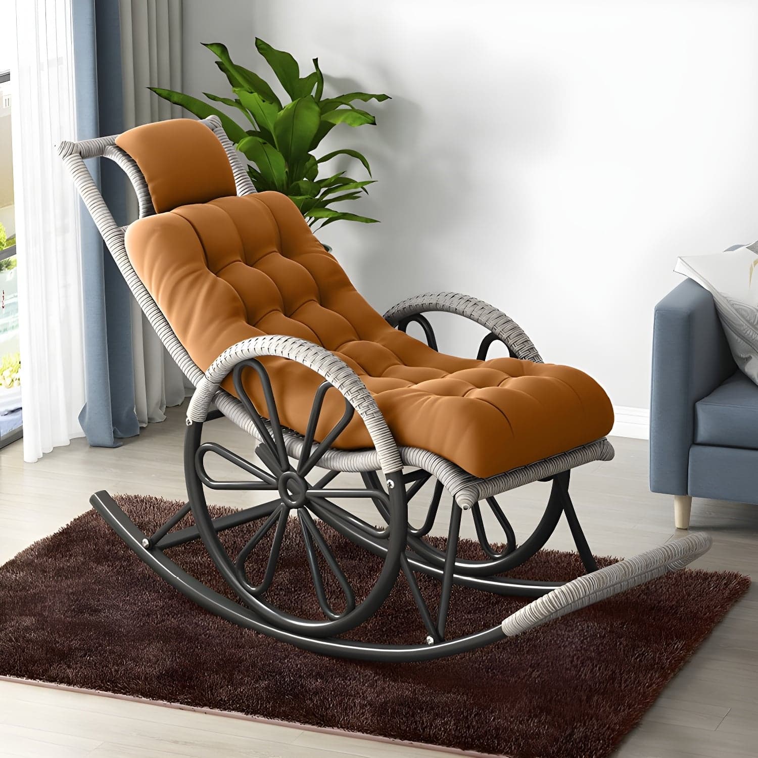 Modern Rocker Wicker Removable Cushions Tufted with Gray Frame Rocking Chair thumbnail 10