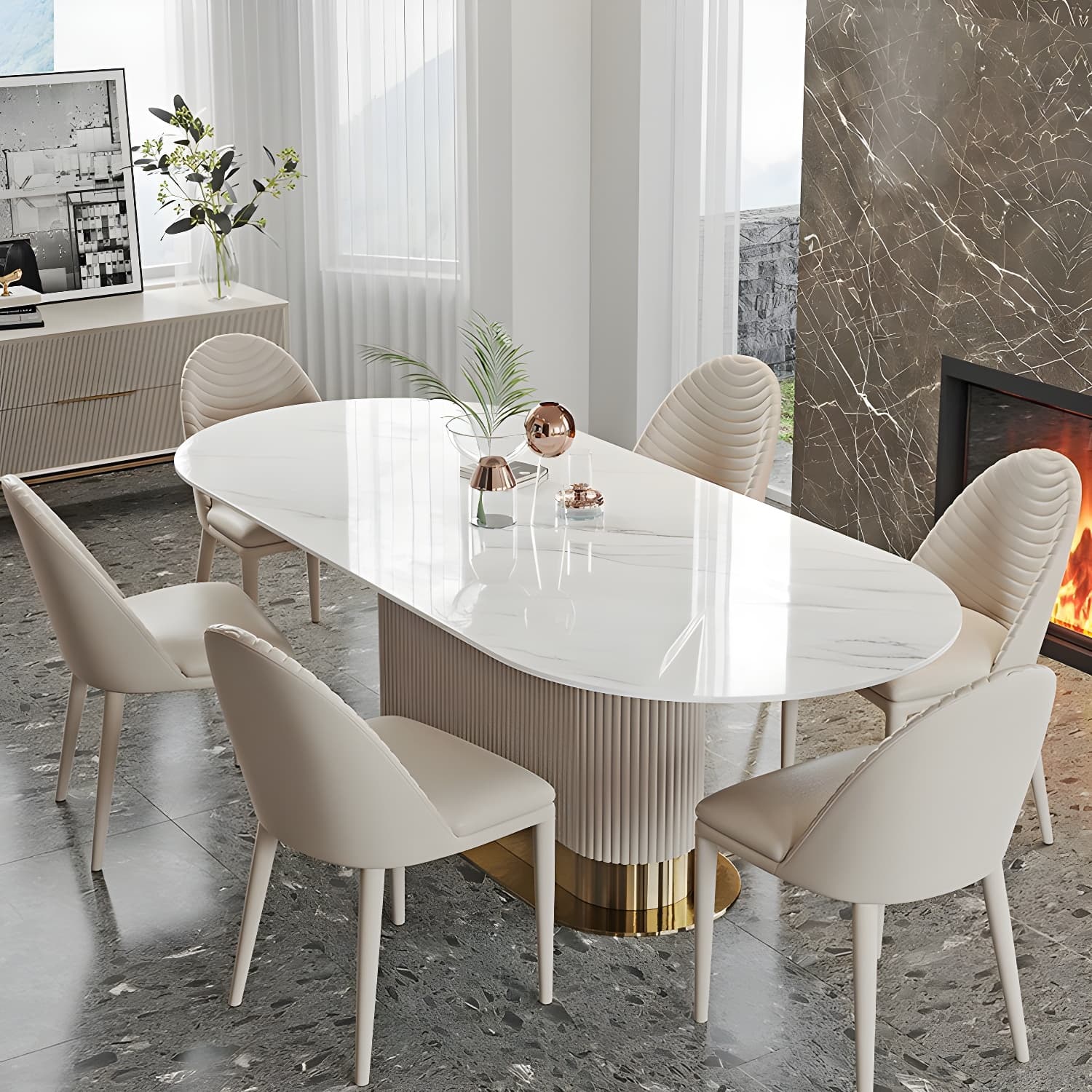 Oval Shape Fixed Kitchen Table Sintered Stone Pedestal Dining Table thumbnail 1