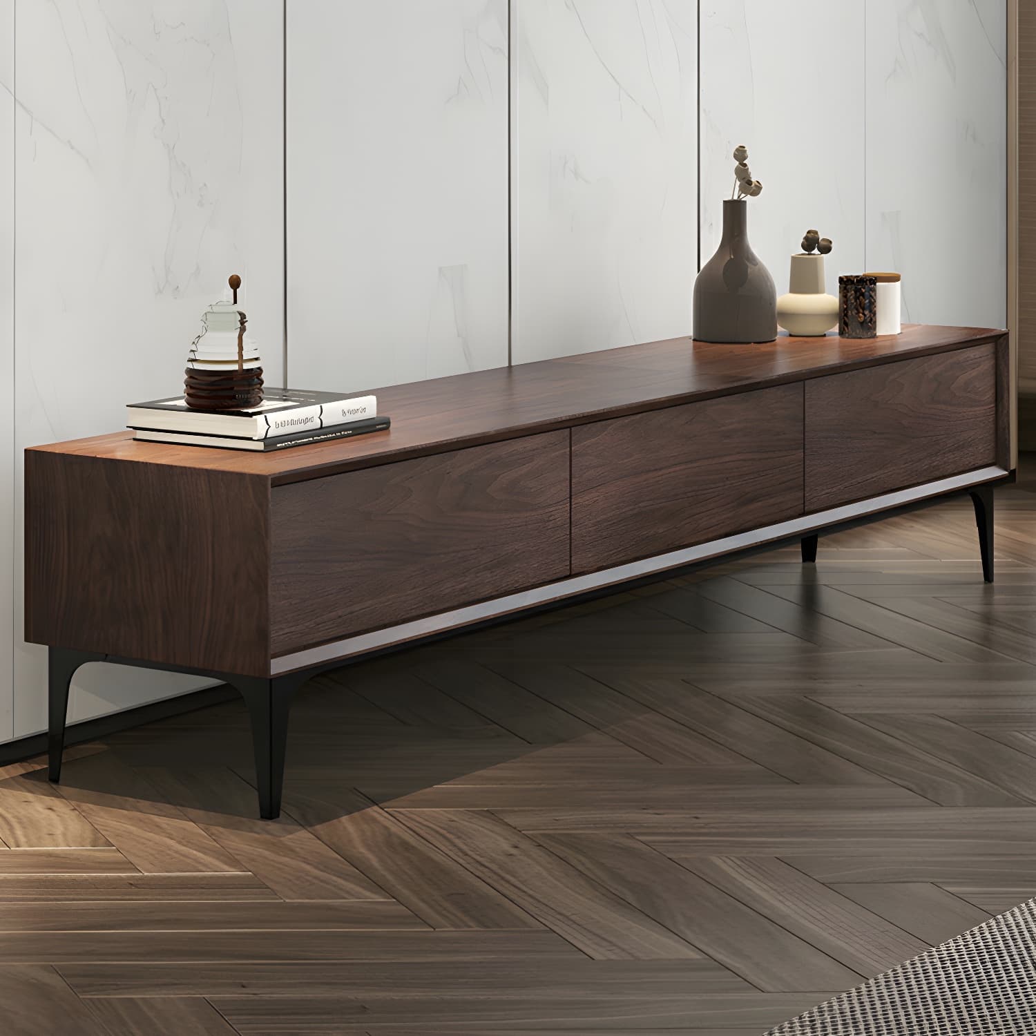 Scandinavian Style Wood TV Stand with Cable Management, Drawers Included - Low Height and With Legs thumbnail 7