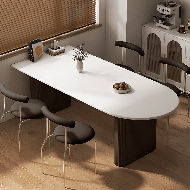 Minimalist Dining Table Set with White Slate Top and Two-sided Pedestal Base, Featuring a Fixed Table thumbnail 3