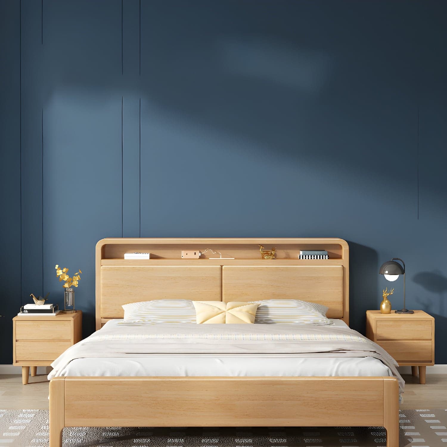 Scandinavian Solid Wood Bed with Four Legs and Upholstered Headboard thumbnail 6