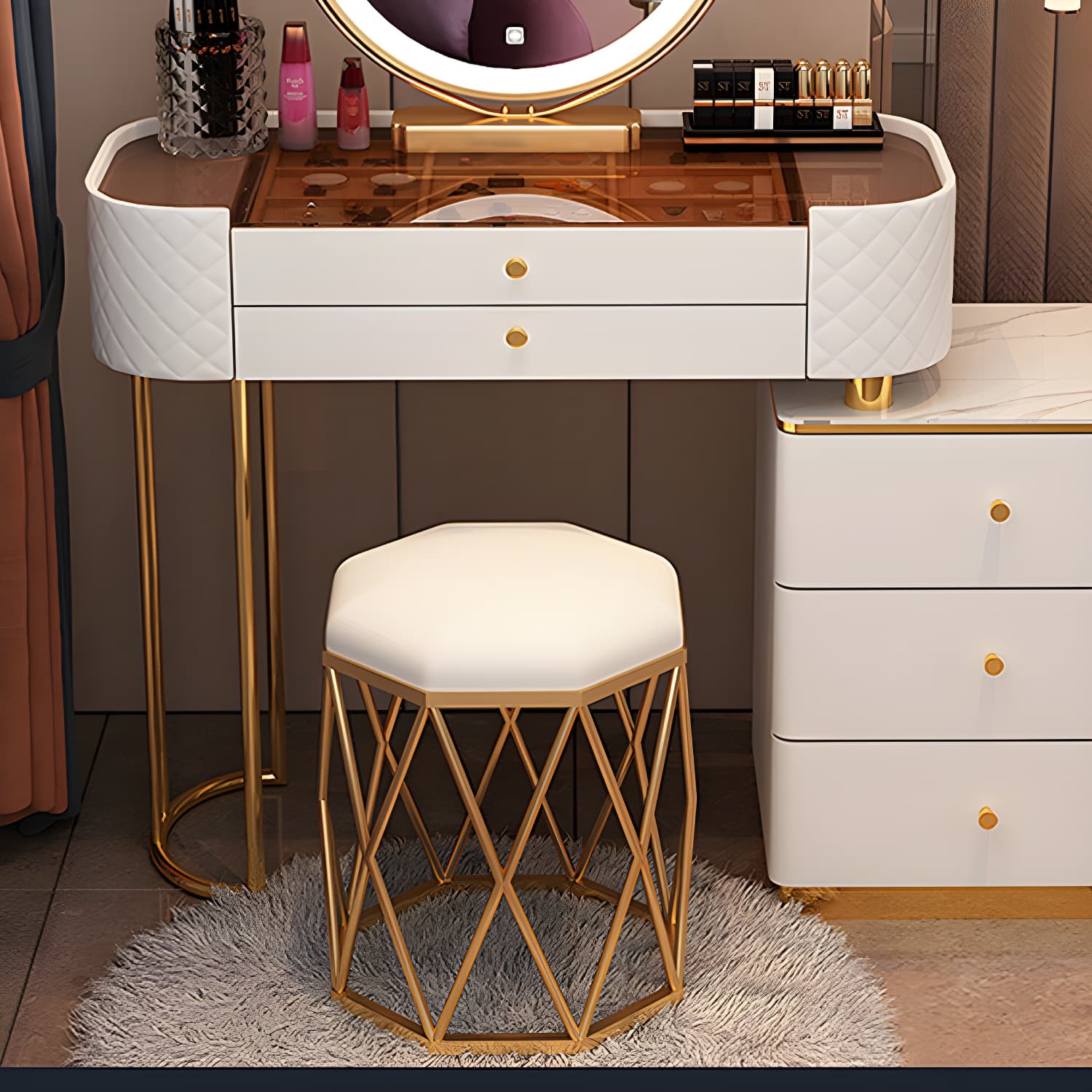 Lighted Mirror & Jewelry Makeup Vanity Metal Dressing Table Stool Set thumbnail 13