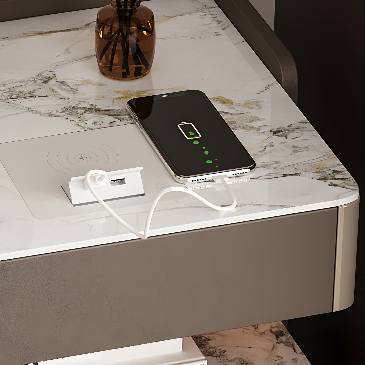3-Drawer Nightstand with USB charging 21.65" Tall Faux Leather Nightstand thumbnail 9