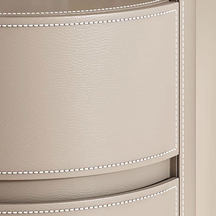 Chic Modern Round Nightstand with Light Wood Tone Faux Leather and Numerate Two Drawer Storage thumbnail 15