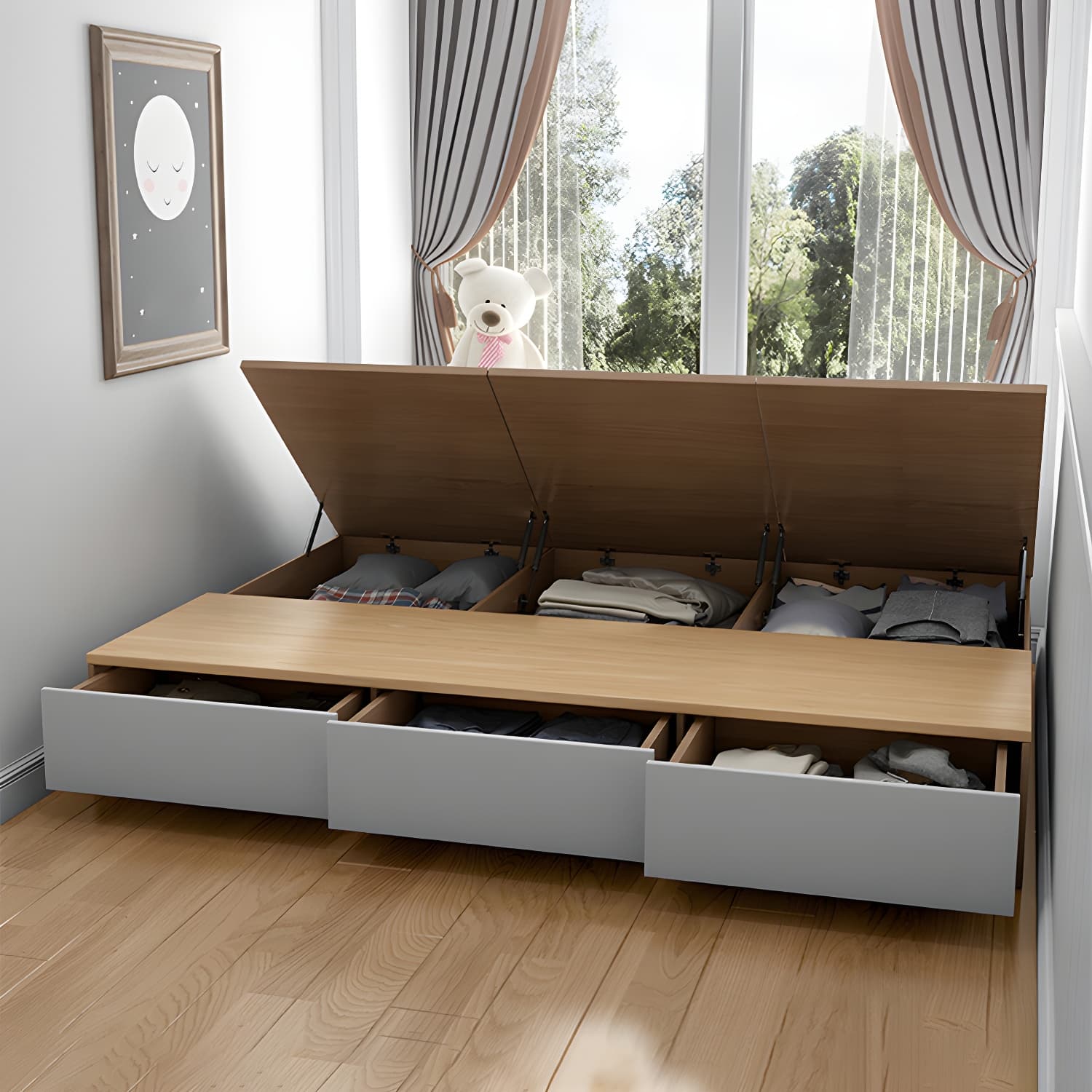 Modern Wood Platform Bed Frame Natural No Distressing Bookcase thumbnail 11