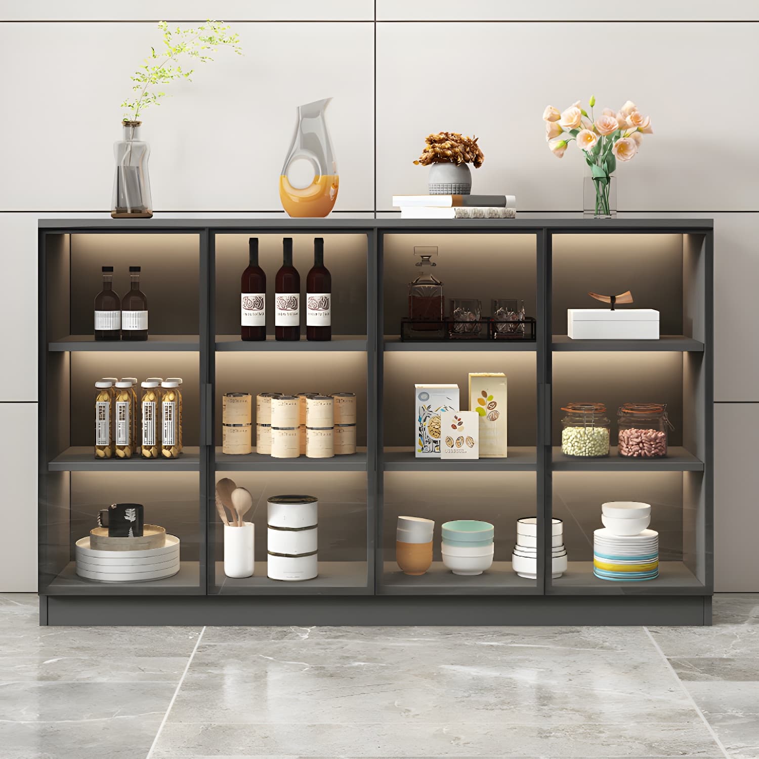 Black Modern Wood Sideboard Credenza with Glass Doors and Interior Shelves thumbnail 3