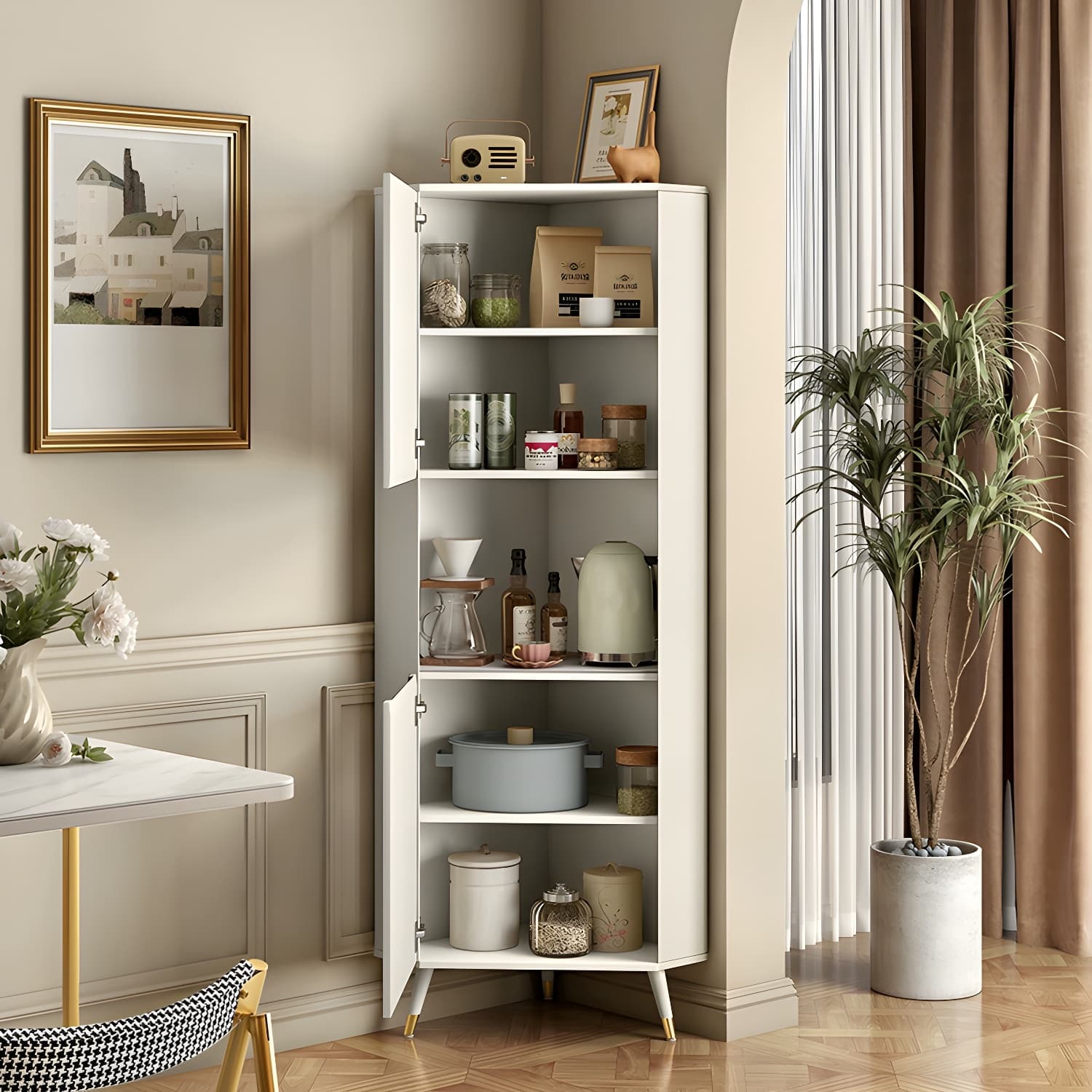 Modern White Corner Accent Cabinet with Stone Counter Top, 2 Cabinets, and 6 Shelves thumbnail 11