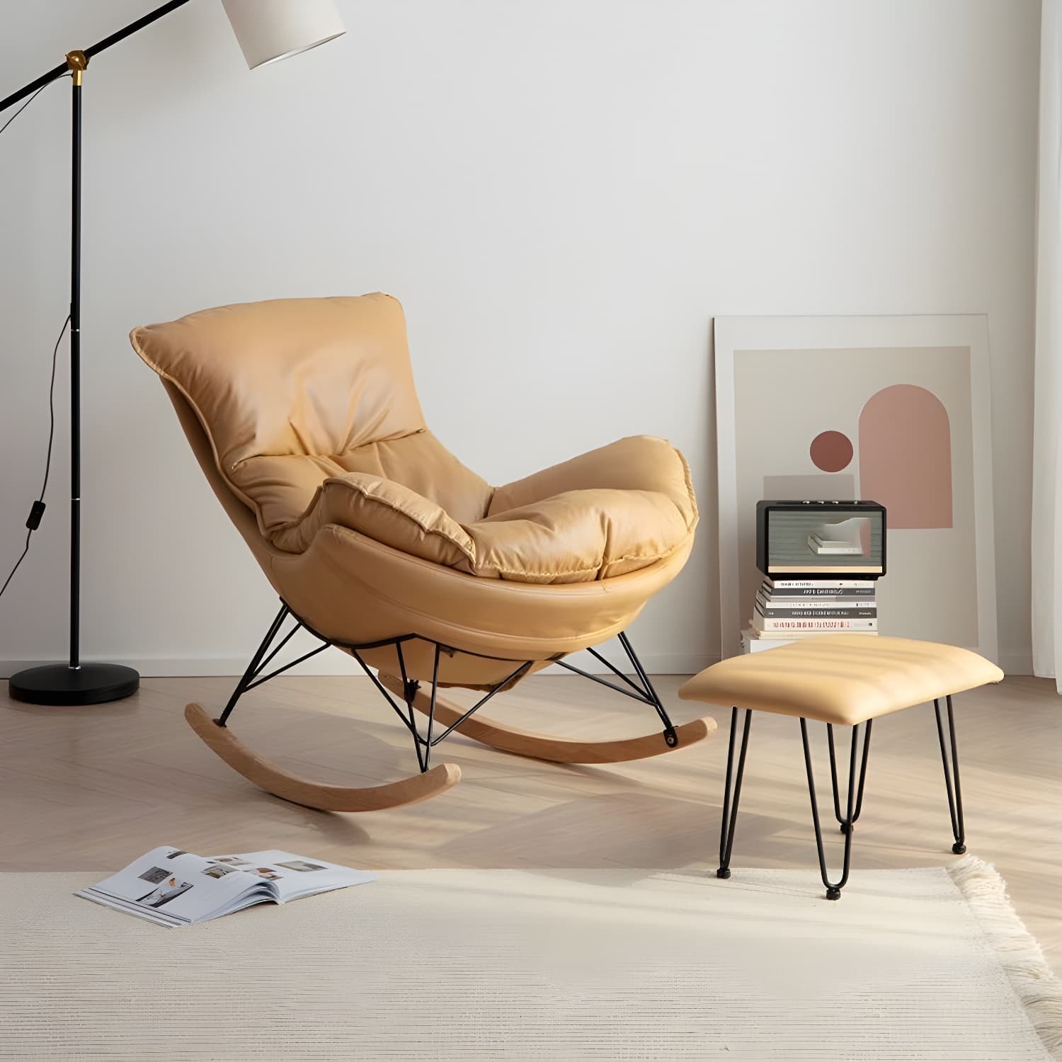 Simple Faux Leather Rocker Chair Plain Rocking Chair with Removable Cushions thumbnail 10