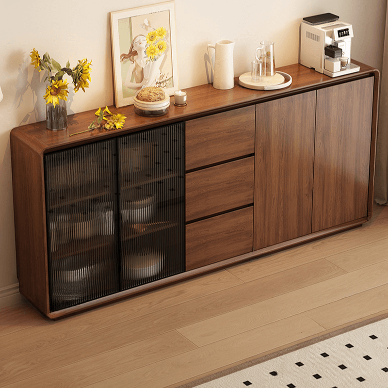Espresso Sideboard with 3 Drawers, Locker Cabinet, Narrow Size, Compartment Storage, Glass-panel Door, and Flexible Shelf thumbnail 2