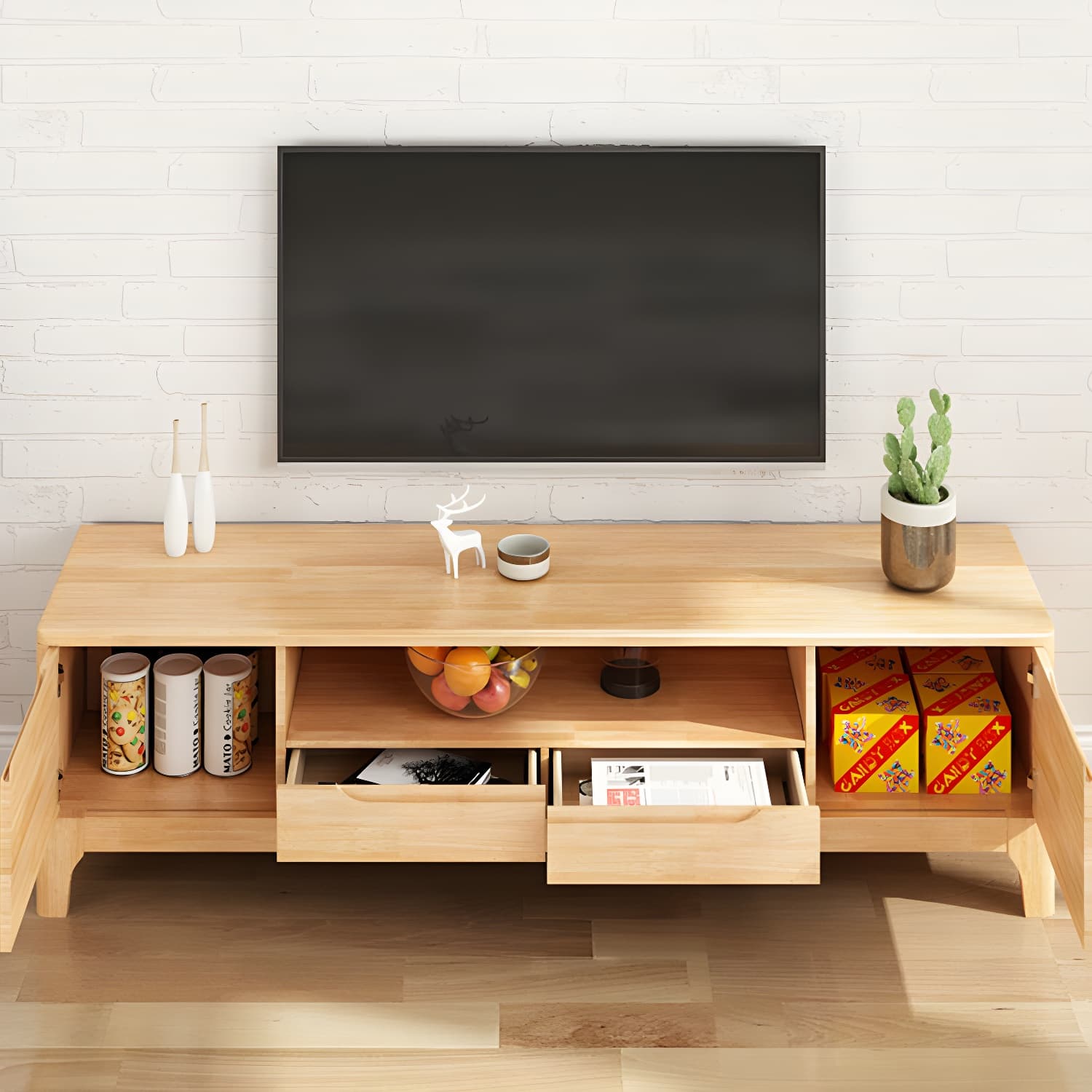 Scandinavian Open Shelf TV Console 2-Cabinet TV Stand with Soft Close Drawers thumbnail 7