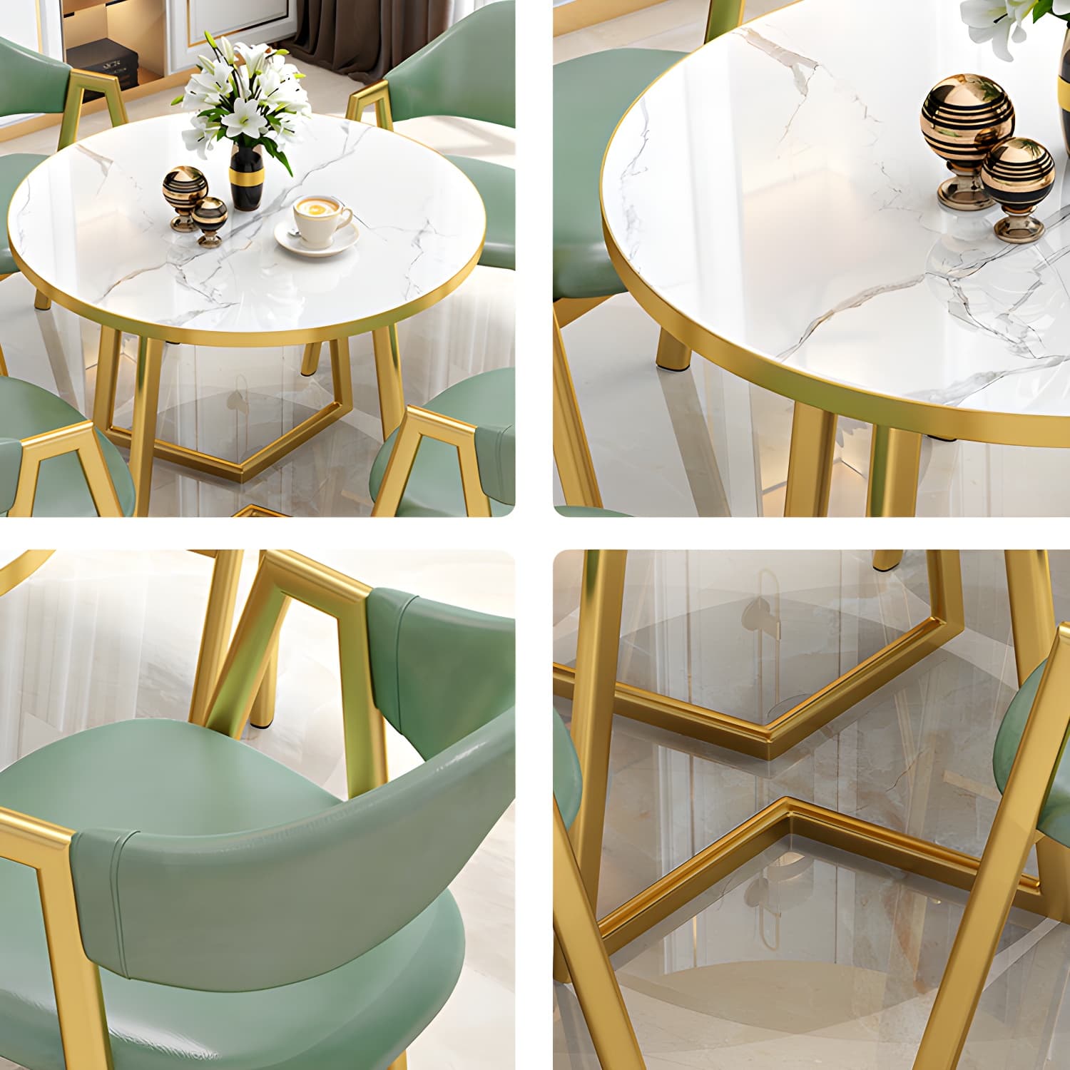 Round Standard Laminated Faux Marble Dining Set with Gold Metallic Legs for Dining Furniture thumbnail 6