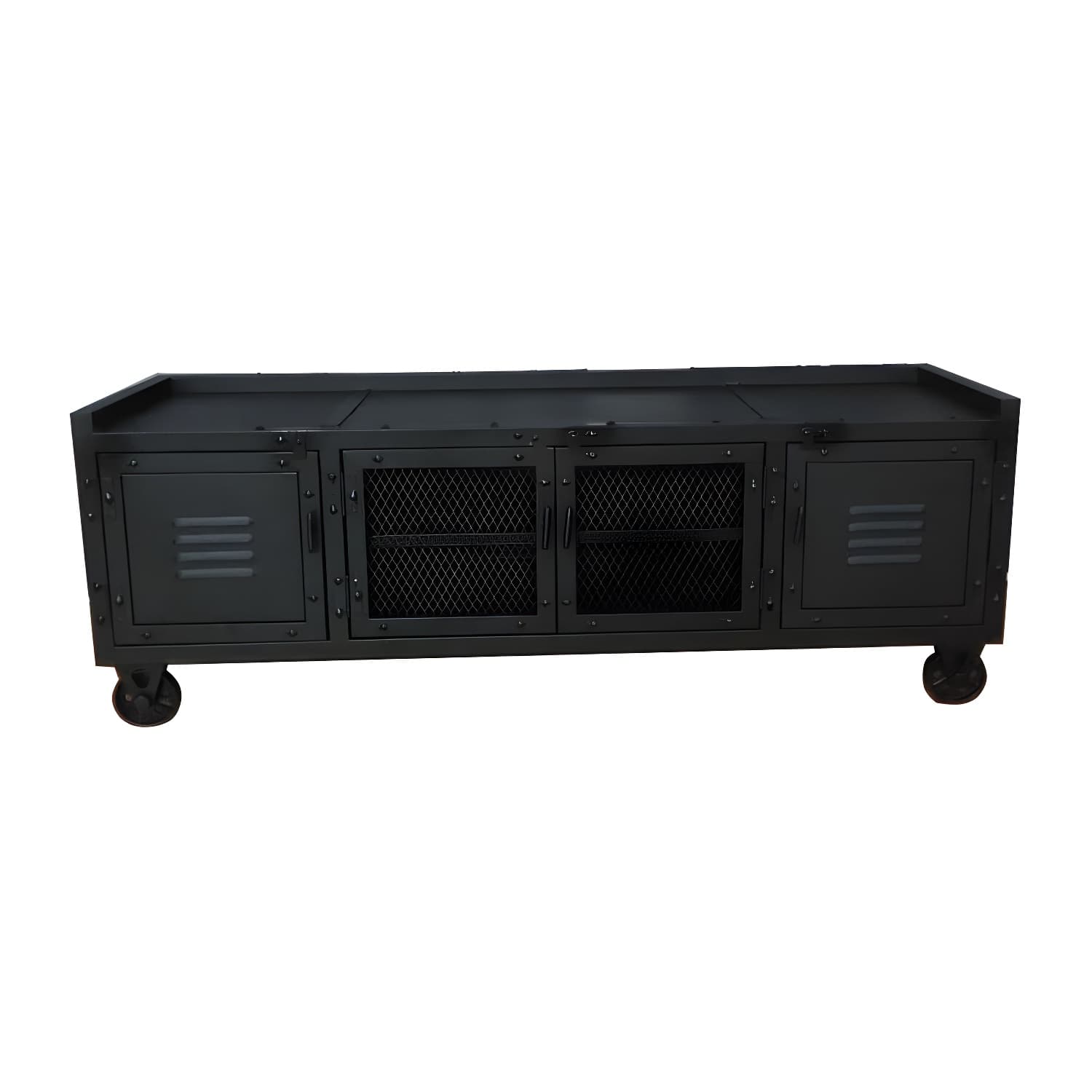 Metal Black TV Cabinet Industrial Style Home TV Stand Console with Casters thumbnail 5