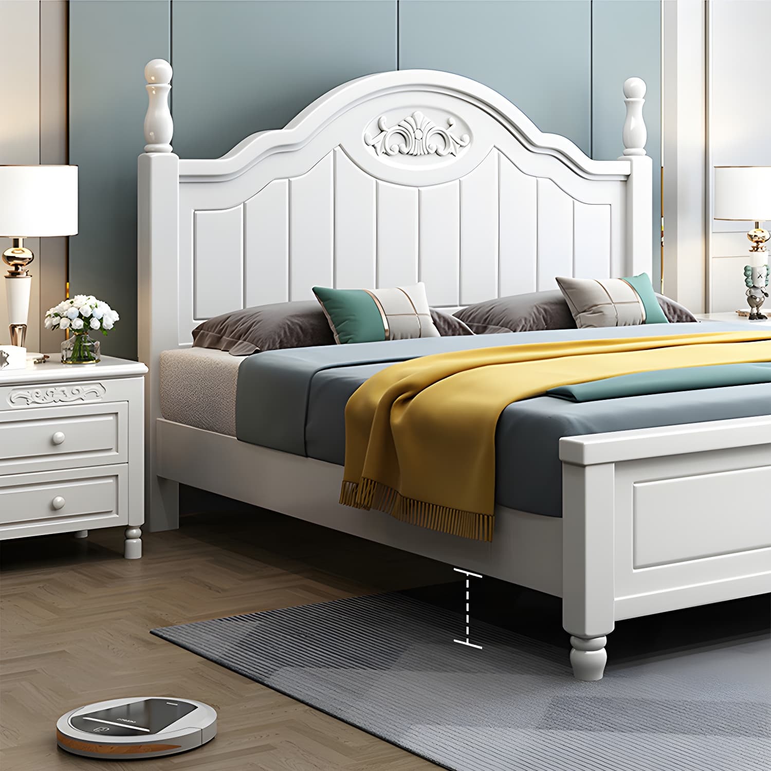 French Country Bed 83.46" Long Bed with Arched Headboard in White thumbnail 6