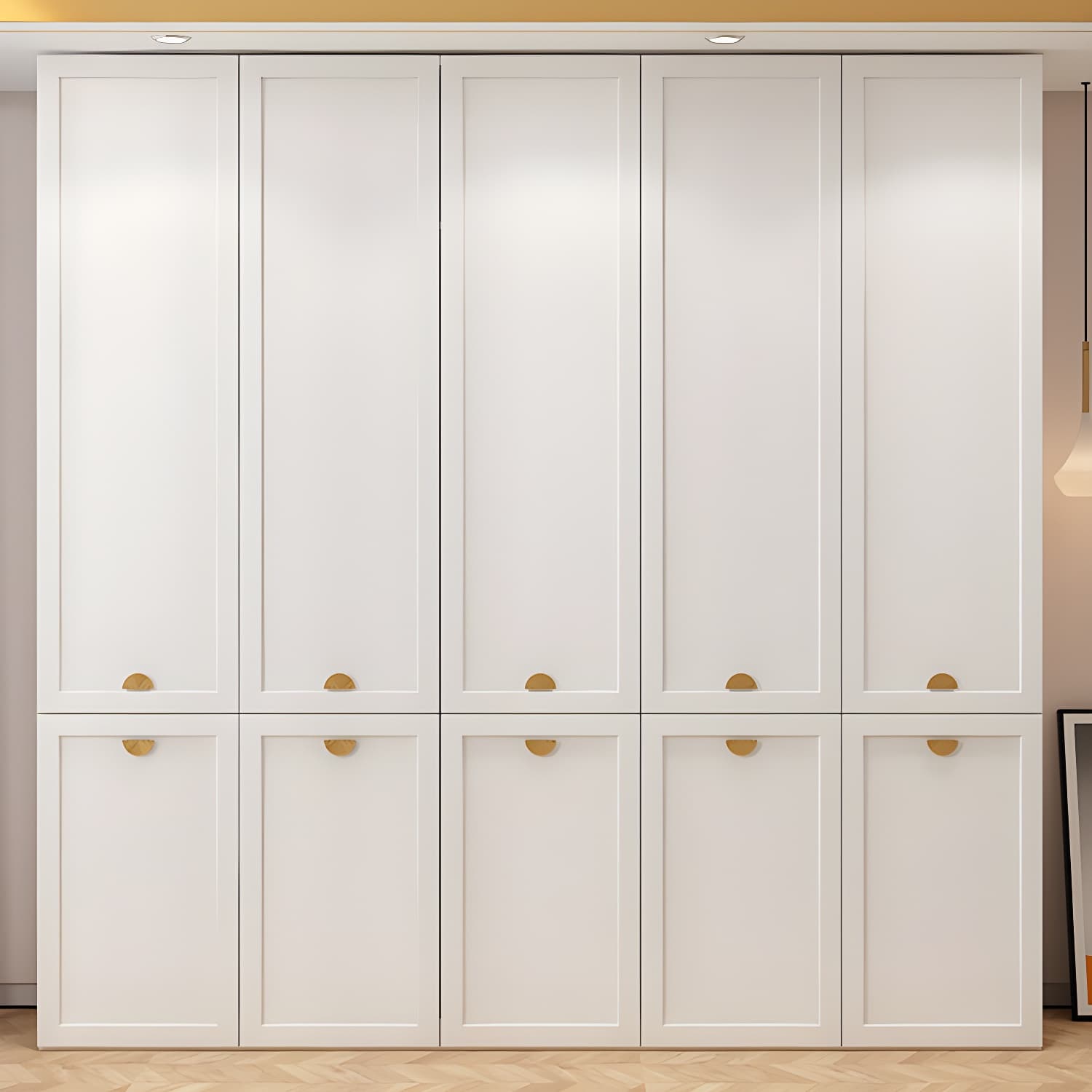 Modern Solid Color Shelves Hinged Doors Cloth Rod Included Cabinet in Beige thumbnail 3