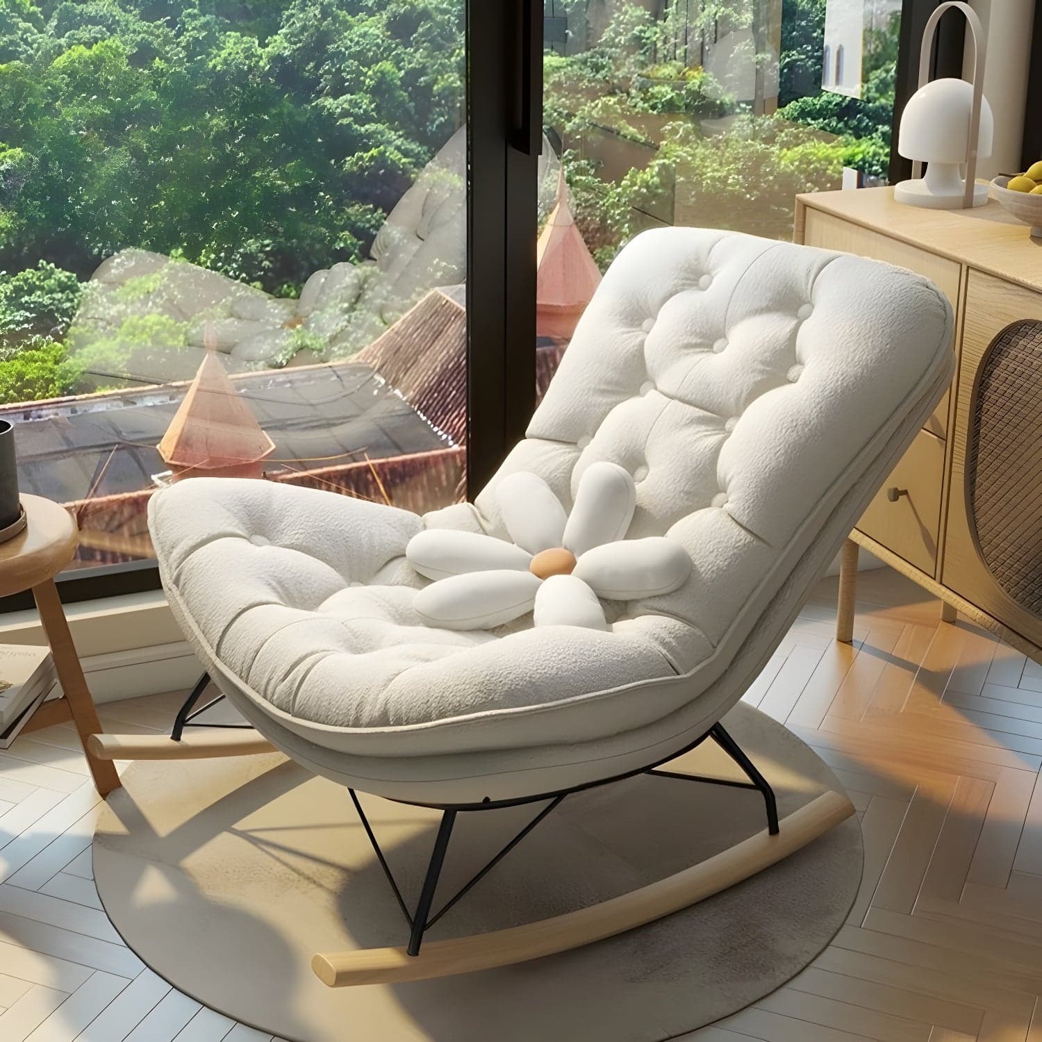 Contemporary Rocking Chair with Spindle Back, Tufted Upholstered and Wood Legs thumbnail 1