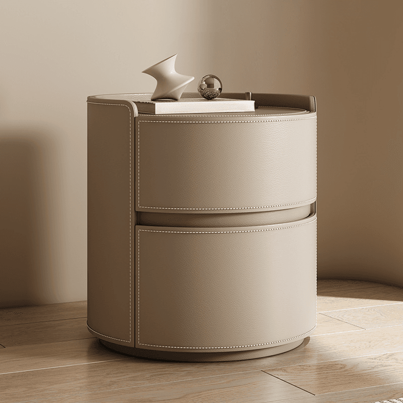 Scandinavian Round Nightstand with 2 Drawers and Synthetic Leather Countertop thumbnail 13