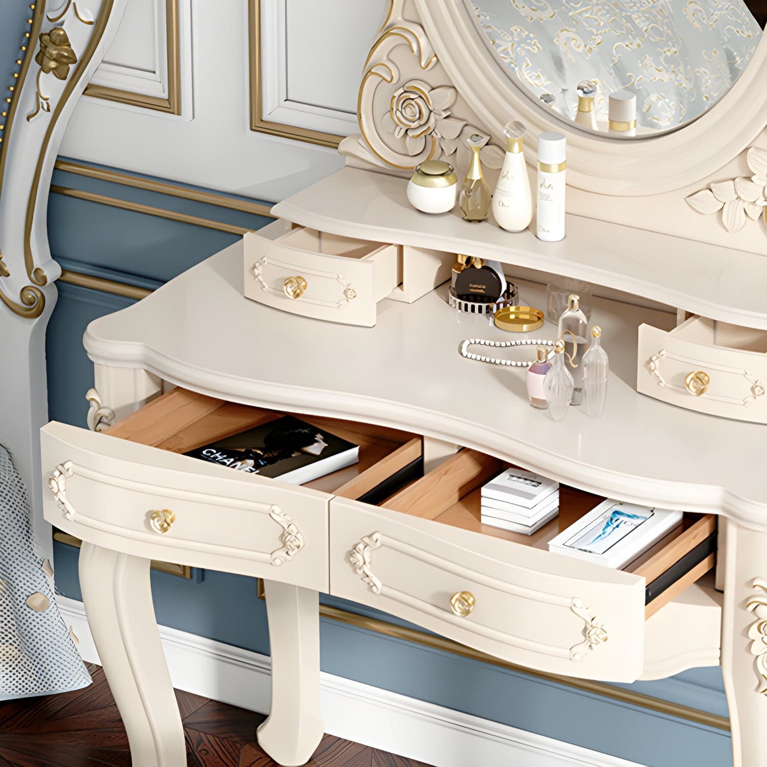 Elegant White Victorian Makeup Vanity Set with Wood Top & Mirror & Drawers & Upholstered Chair thumbnail 8