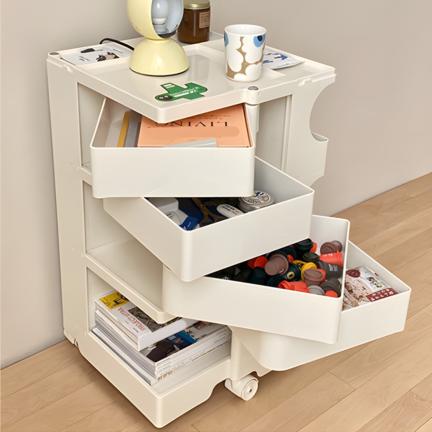 Modern Plastic Night Table Open Storage Night Stand with Wheels thumbnail 19