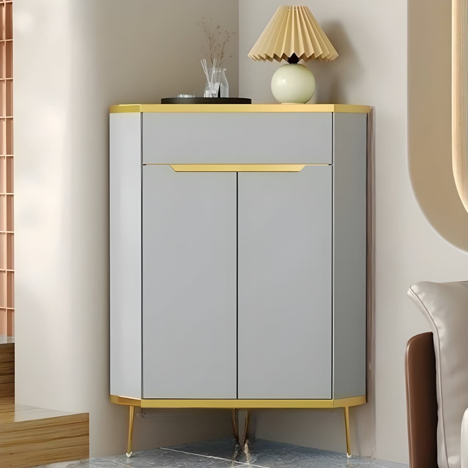 Glam Gold Corner Cabinet with Drawers and Cabinet Included- Scratch resistant & Soft-Close Doors thumbnail 2