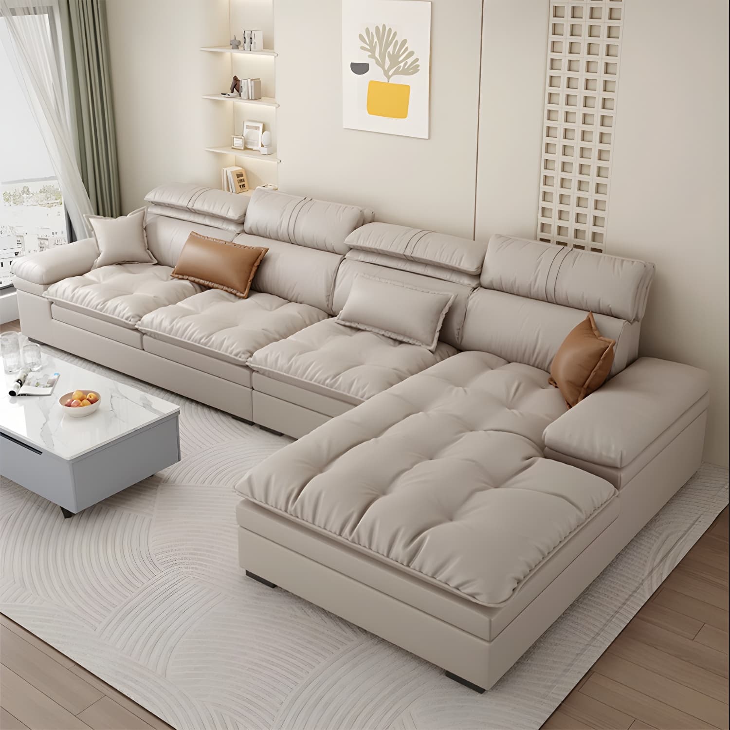 Modern Beige Faux Leather Stationary Sectional Sofa with Adjustable Headrest and Wood Frame thumbnail 2