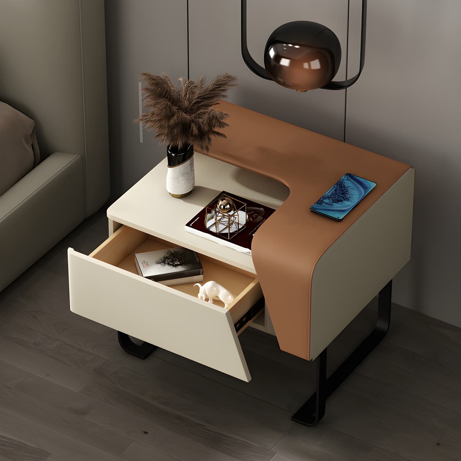 Modern Wooden Nightstand 19" Tall Sled Bedside Cabinet with Drawer thumbnail 11