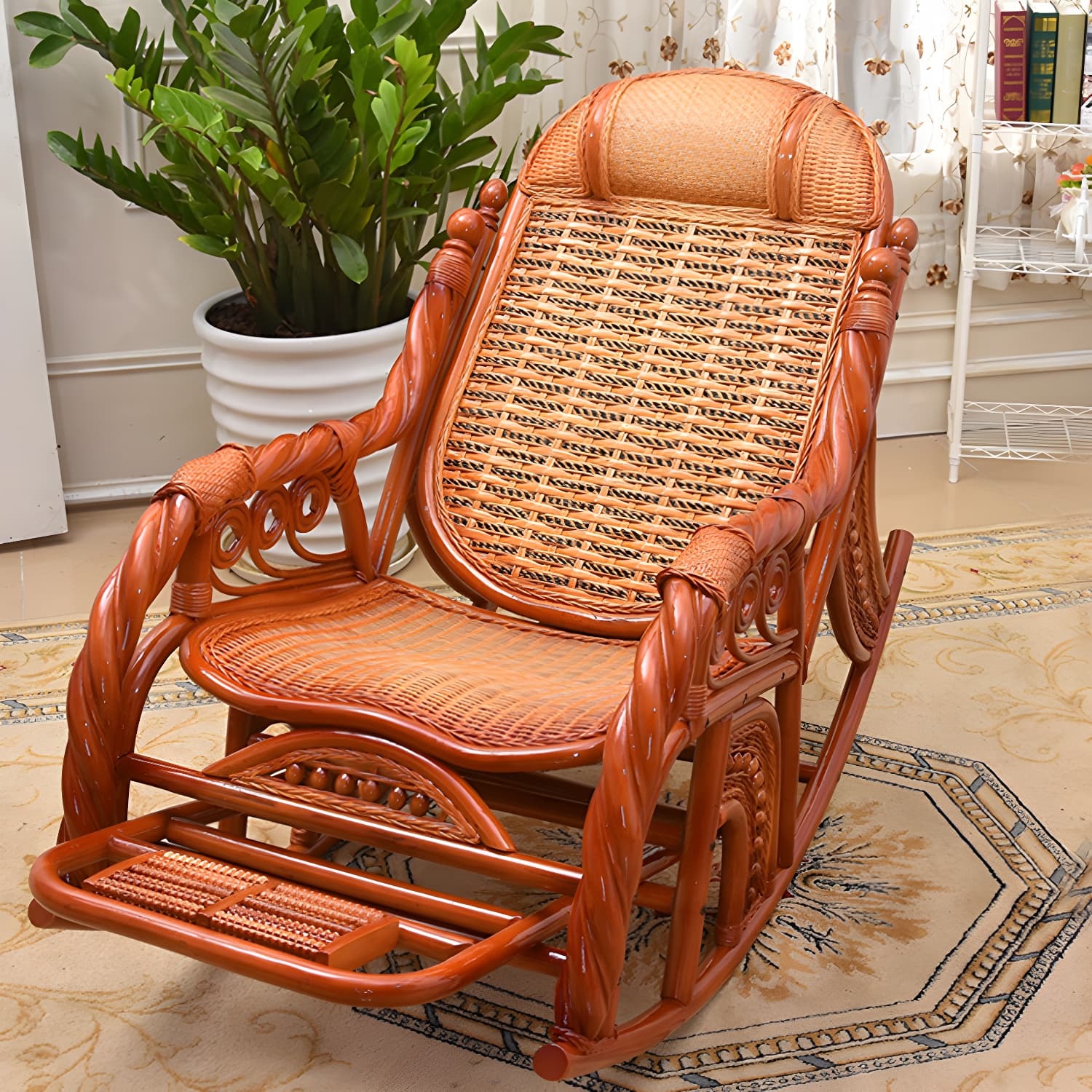 Traditional Spindle Rocking Chair Tobacco Finish with Pillow Rocker Chair Wicker thumbnail 9