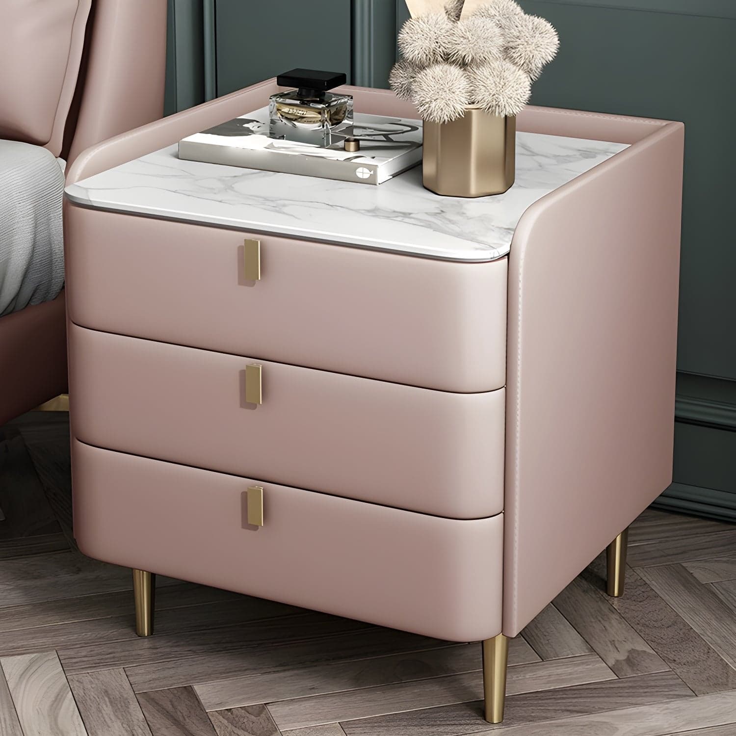 Stone Top Nightstand 3-drawer Leather Night Table with 4 Legs thumbnail 10