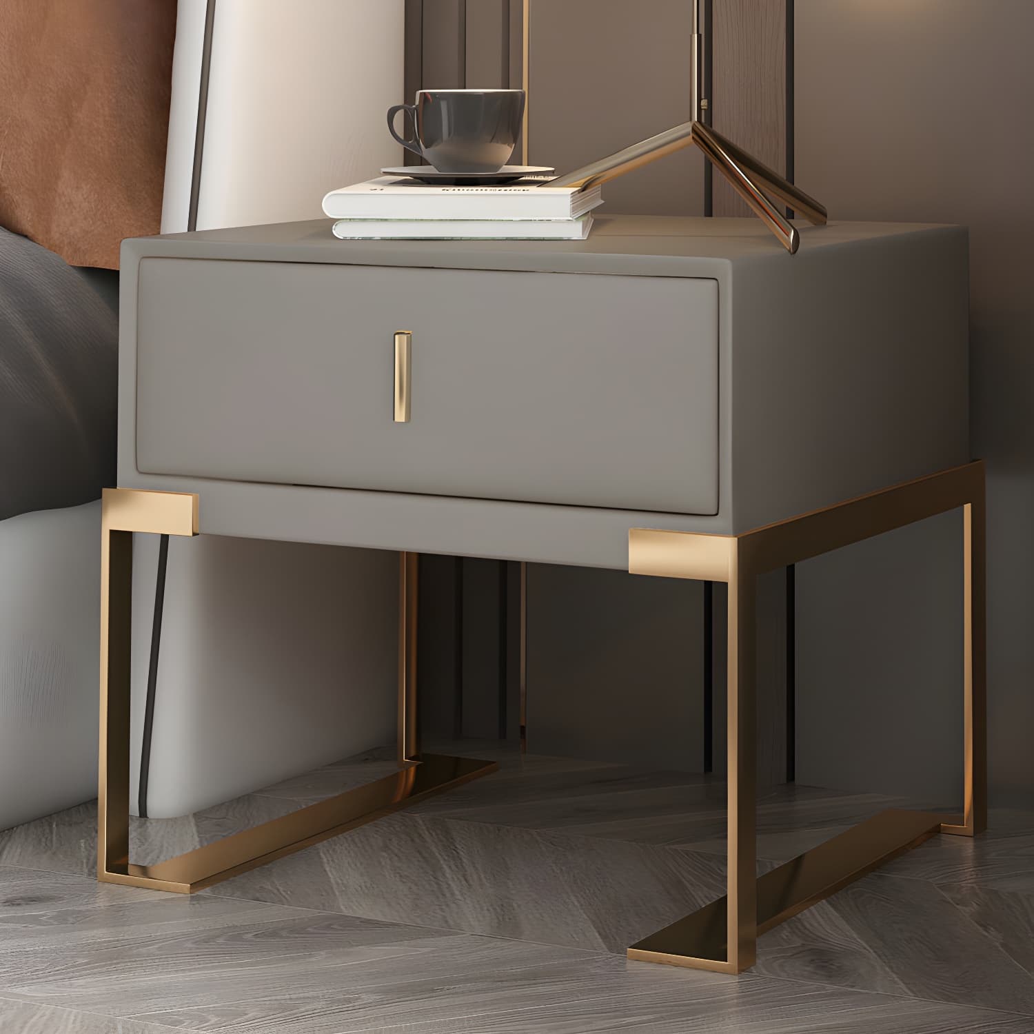 Faux Leather Nightstand 1-Drawer 21 Inch Tall Modern Legs Included Night Table thumbnail 13