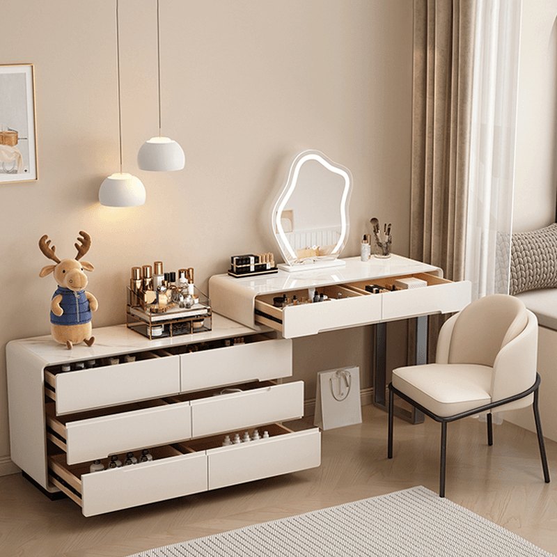 Large/Standard Stone Vanity Set with White Upholstered Chair, 5/8 Drawers, Mirror Lights, and Lighting thumbnail 1