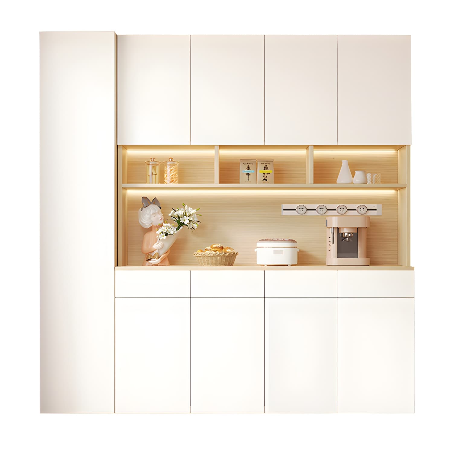 Scandinavian White Wood Buffet Sideboard Cabinet with Cabinets and Shelves thumbnail 8