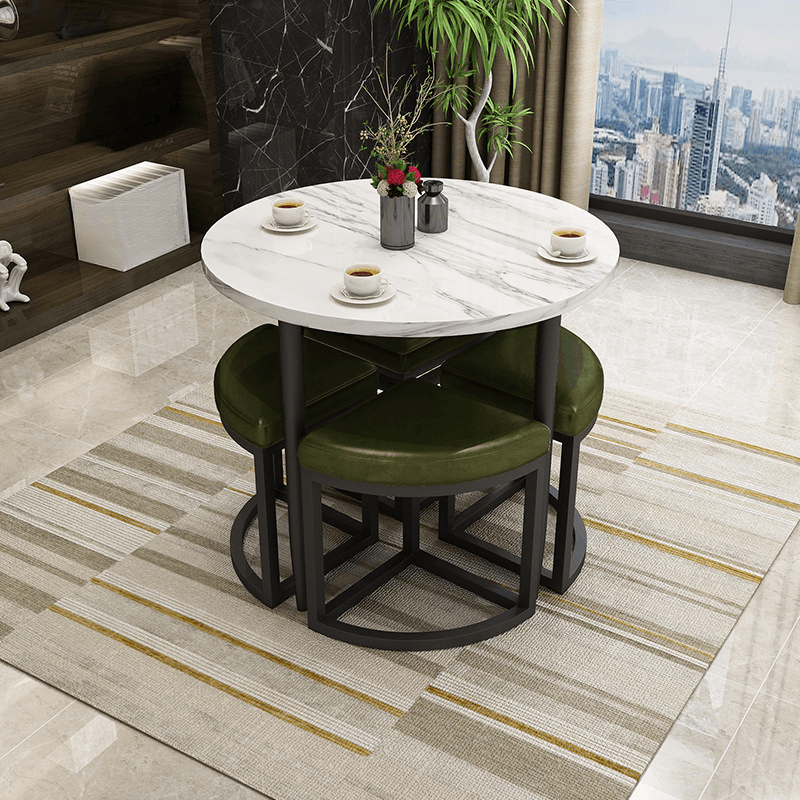 Reclaimed Wood Round Dining Table Set with Metal Toboggan Base and Upholstered Backless Chairs for 4 People thumbnail 36
