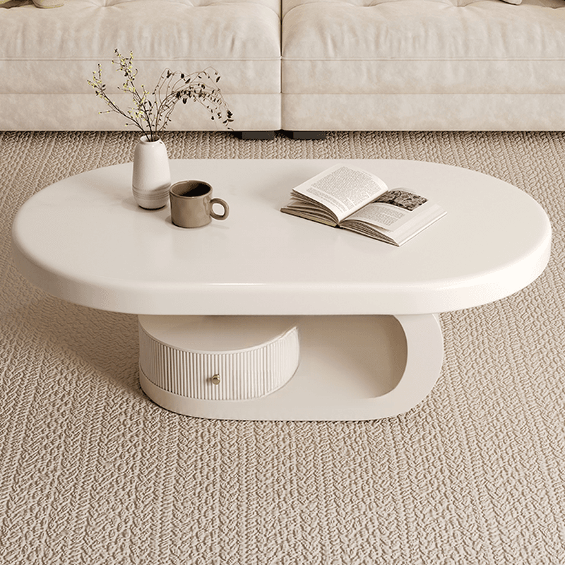 Minimalist Oval Wooden Coffee Table with 1 Shelf and White Top thumbnail 4