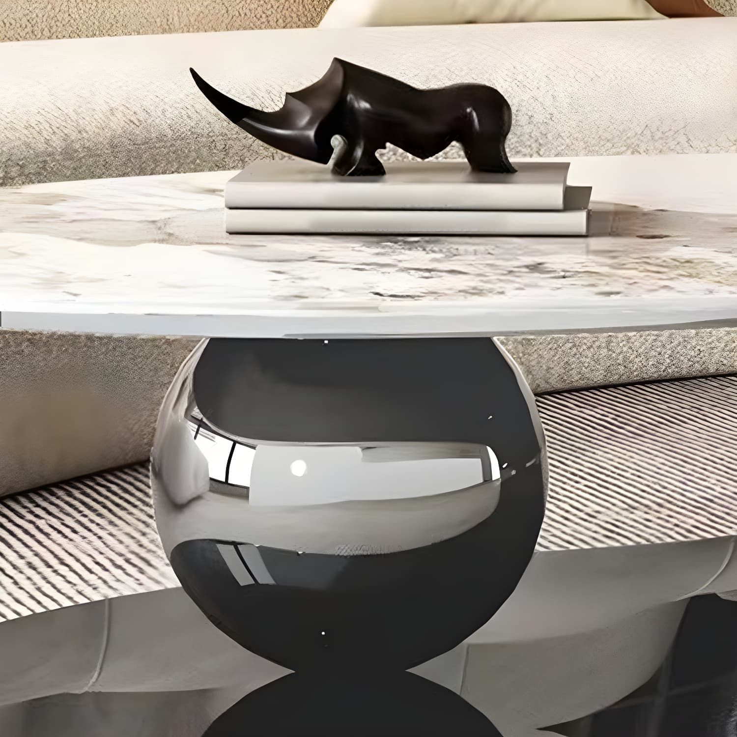 Glam Stone Coffee Table - Beige Oval Shape with Abstract Stainless Steel Base and Scratch Resistant thumbnail 9