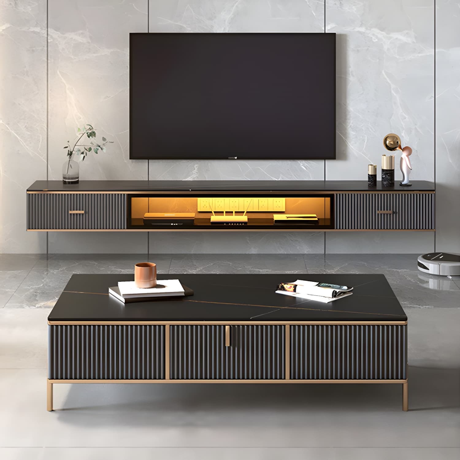 2 Drawers Contemporary TV Stand Stone Wall-mounted TV Cabinet thumbnail 6