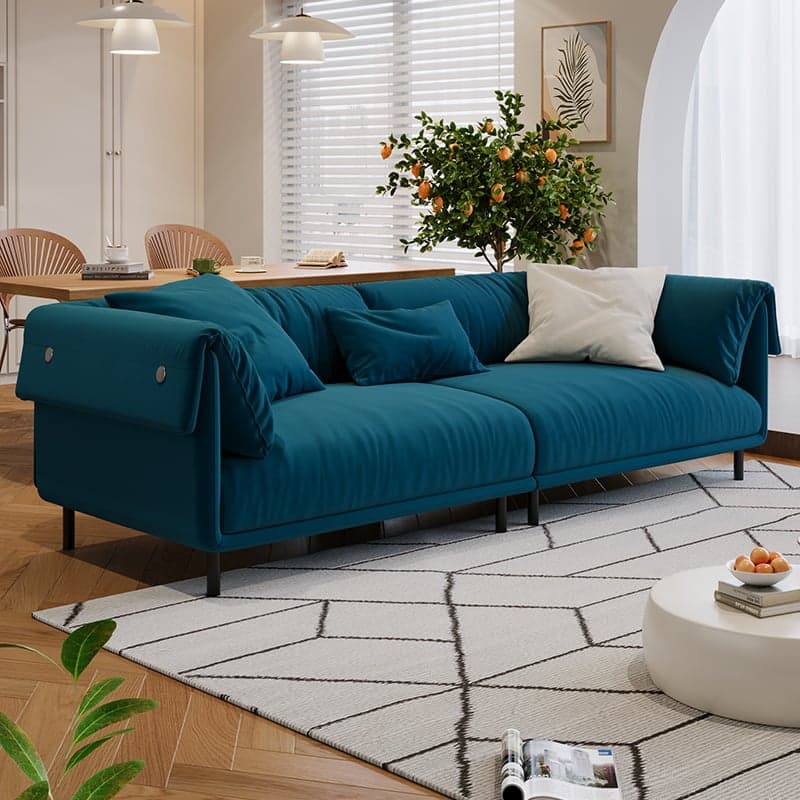 Drawing Room Standard Sofa in Genuine Leather/Flannel with White/Cerulean/Tan Upholstery, Armrest, and 3 Pillows thumbnail 4