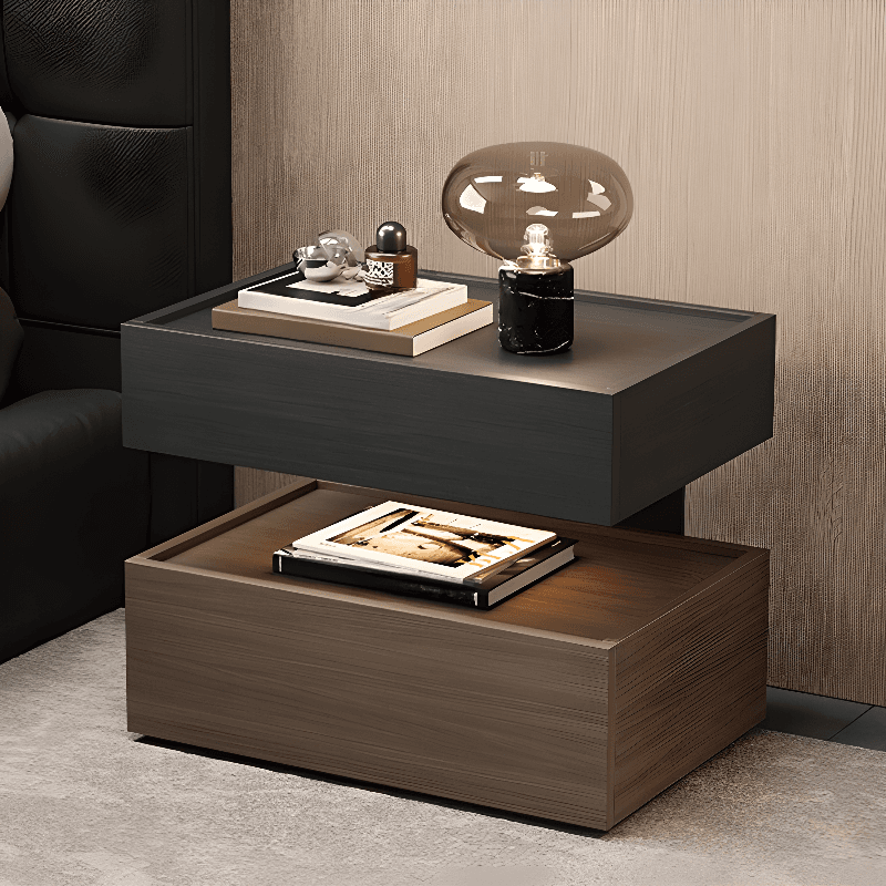 Organic Modern Nightstand With Drawer Organization Featuring 2 Shelves, Real Wood Countertop, and Illuminating Lighting thumbnail 6