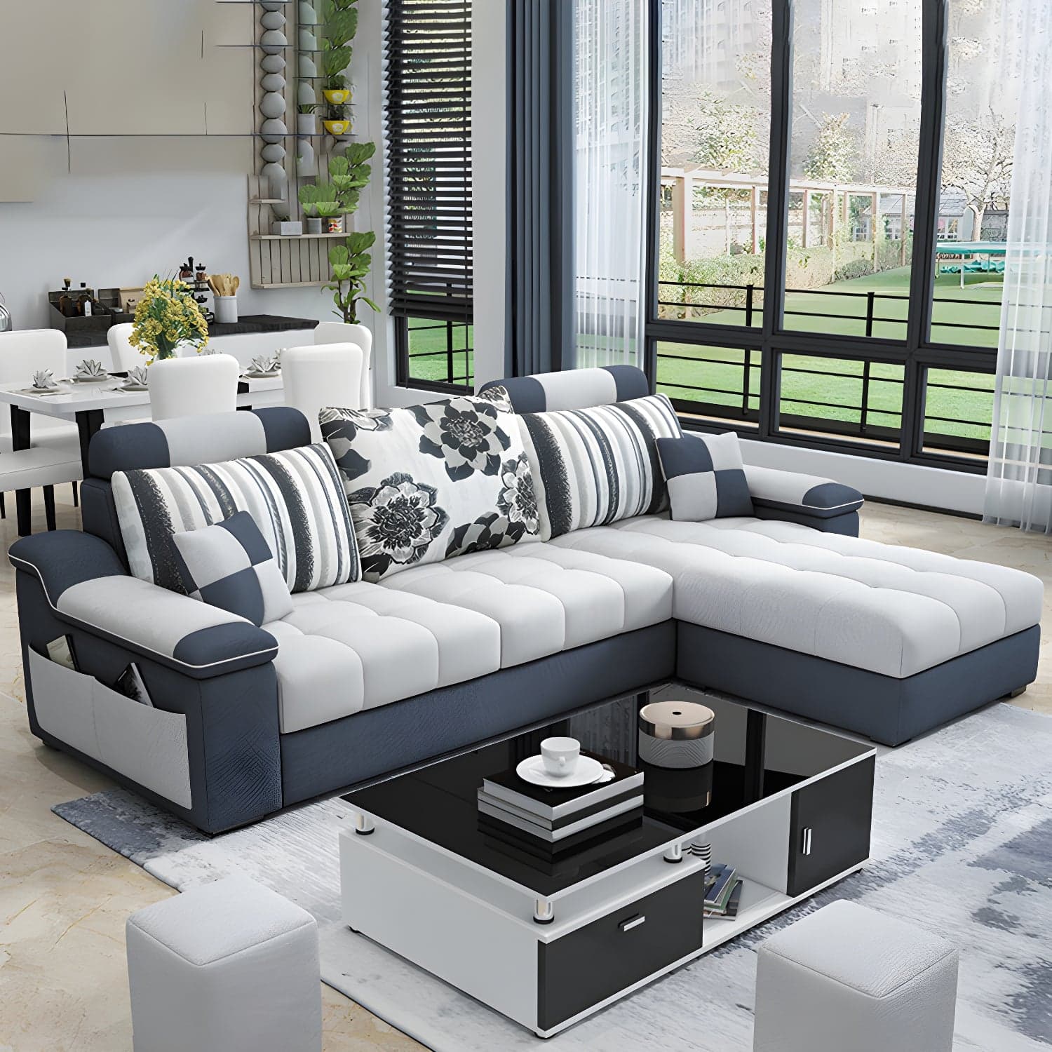 3-Seater Cotton Blend and Faux Leather L-Shape Sectionals Sofas